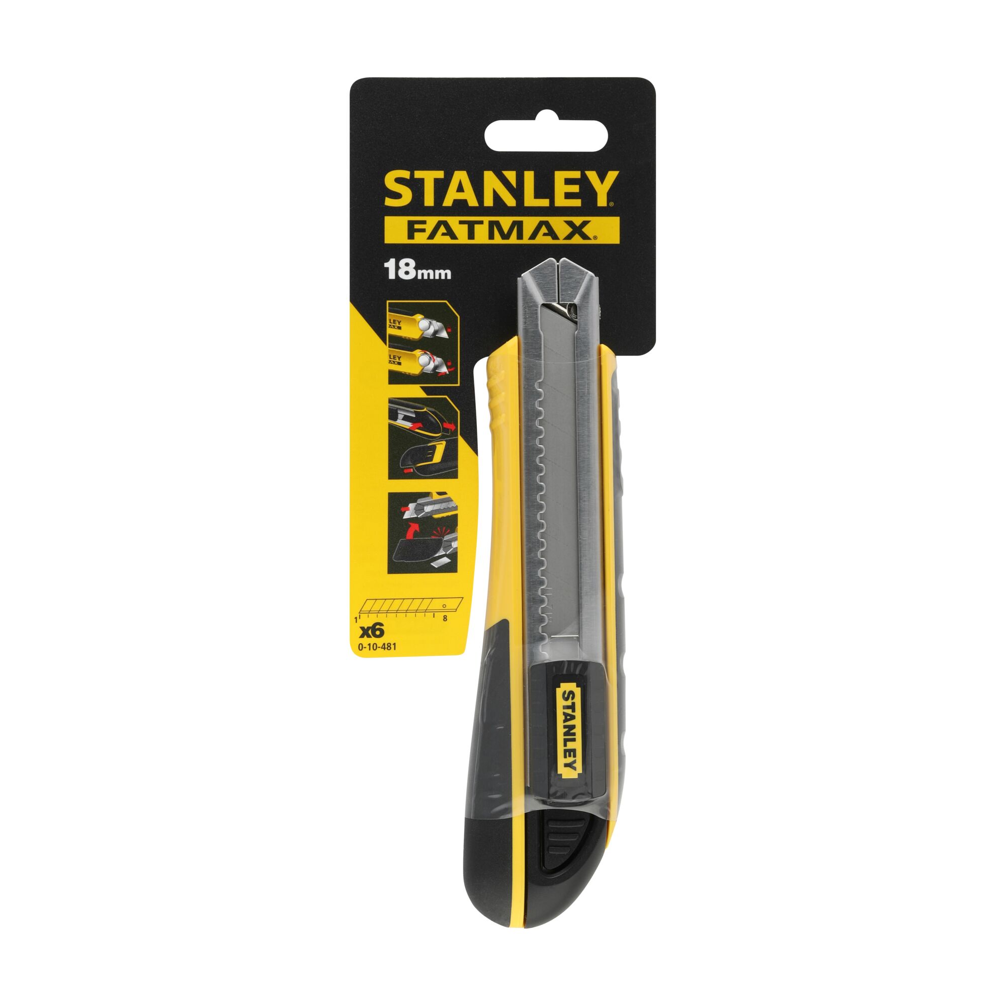 STANLEY 0-10-481 FATMAX 18mm utility knife in packaging, front angle, yellow and black handle.