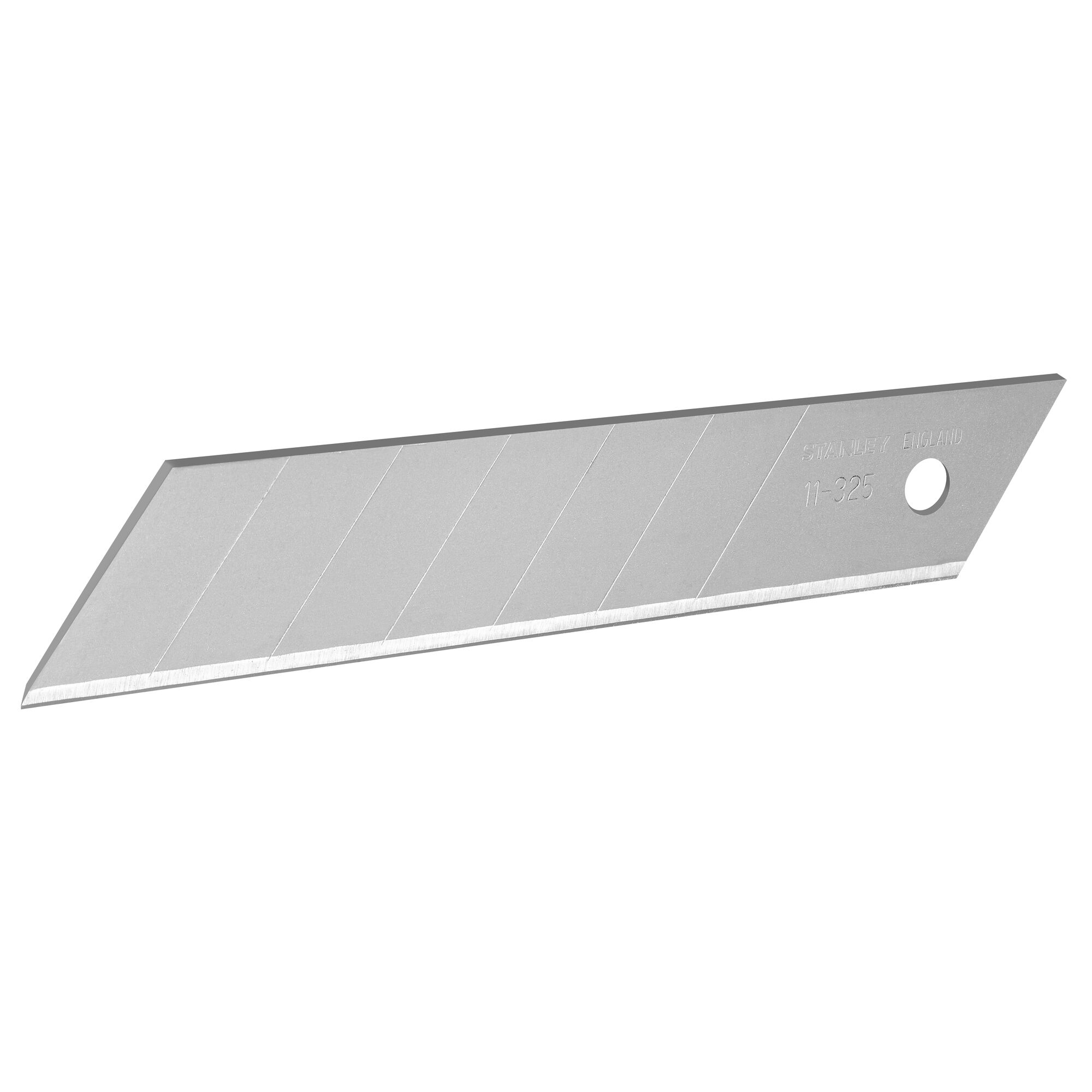 Stanley segmented snap-off utility knife blade with angled edge and hole for fitting. Silver metal finish.