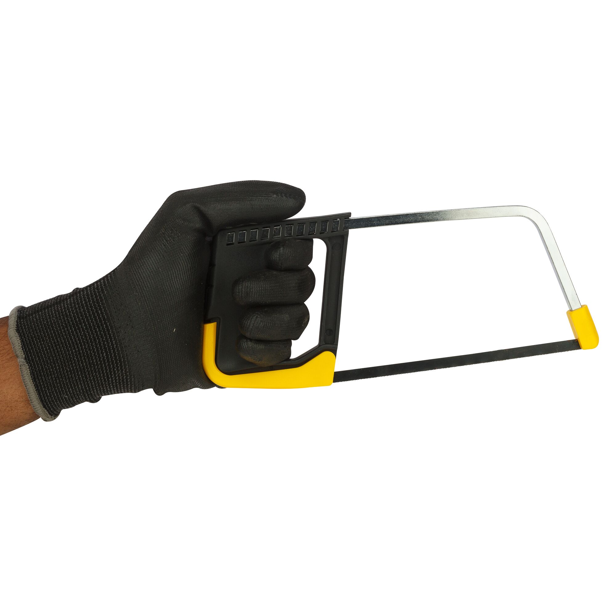 STANLEY 0-15-218 mini hacksaw held in gloved hand, side angle on white background.
