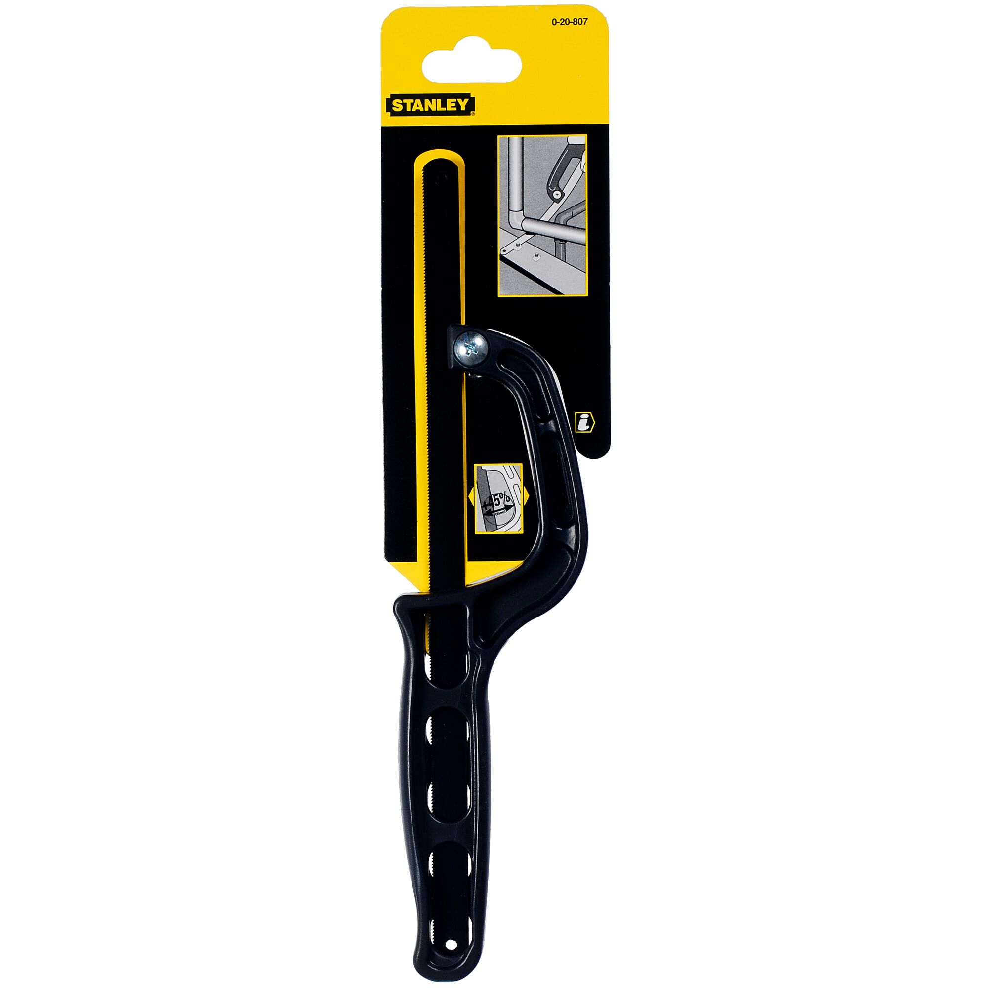 STANLEY 0-20-807 black mini hacksaw in retail packaging, angled handle, photo on white background.