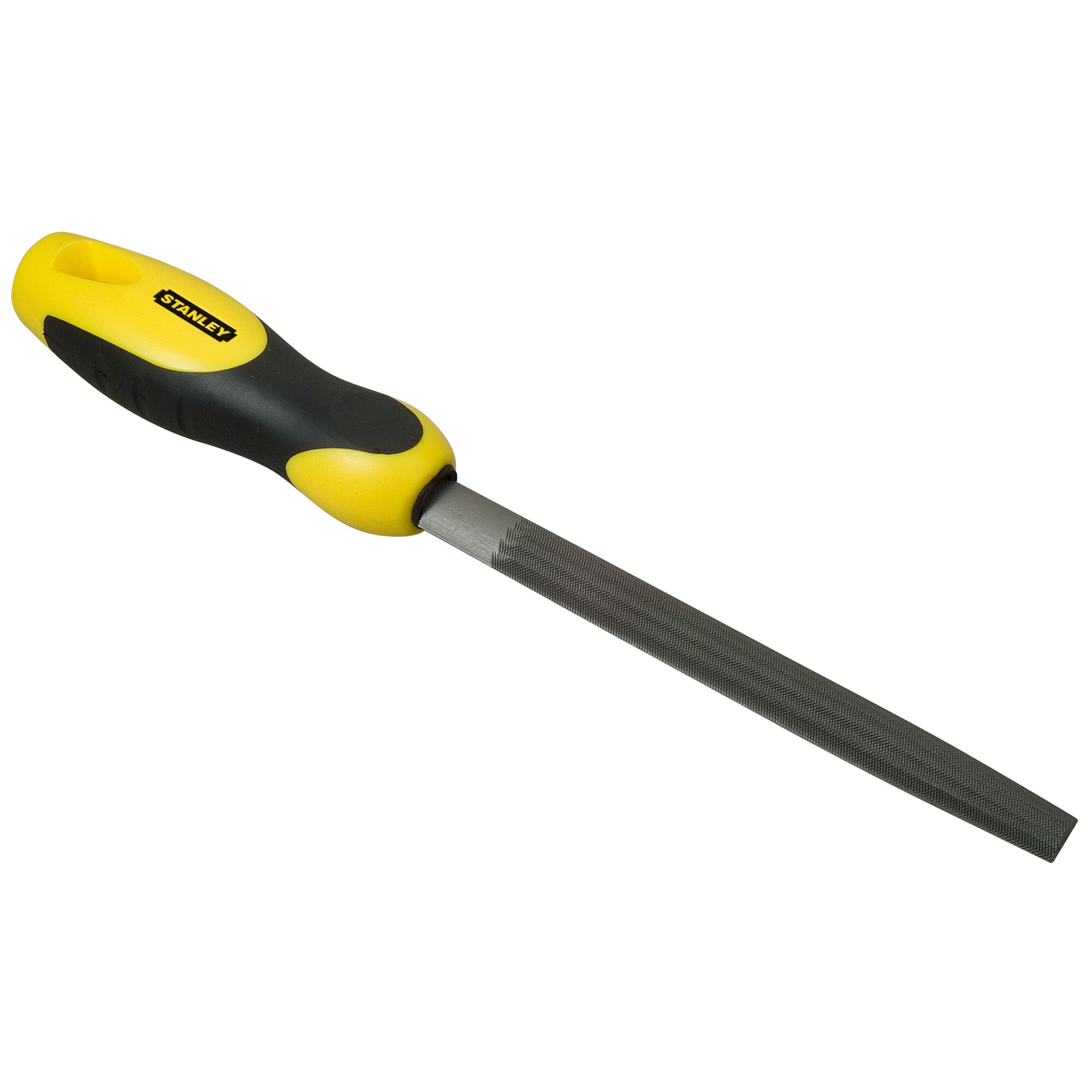 Stanley round file with yellow and black handle, used for smoothing metal surfaces.