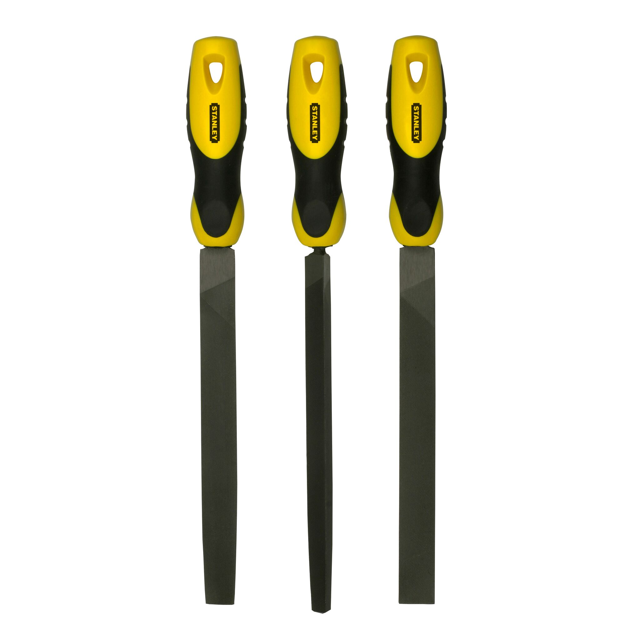 Three STANLEY metal files with yellow and black handles, arranged vertically side by side on a white background.