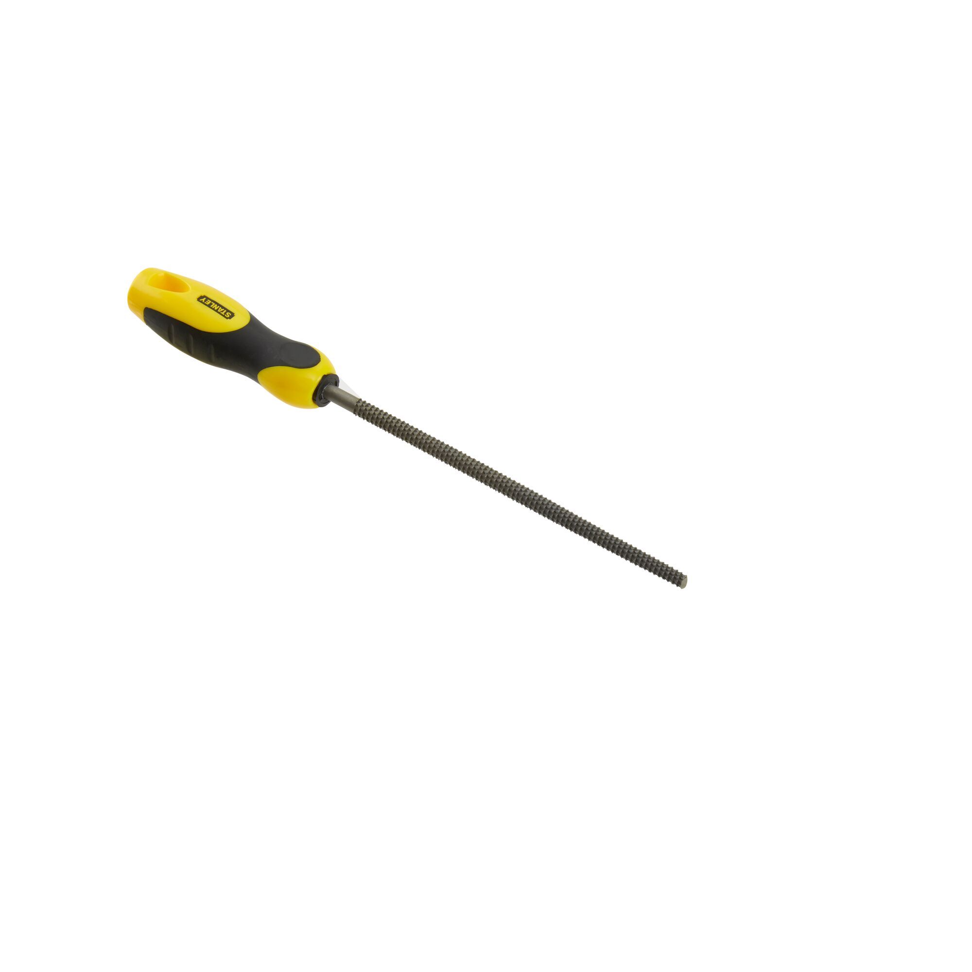 Photo of STANLEY 0-22-475 round file with yellow and black ergonomic handle, side angle on white background.