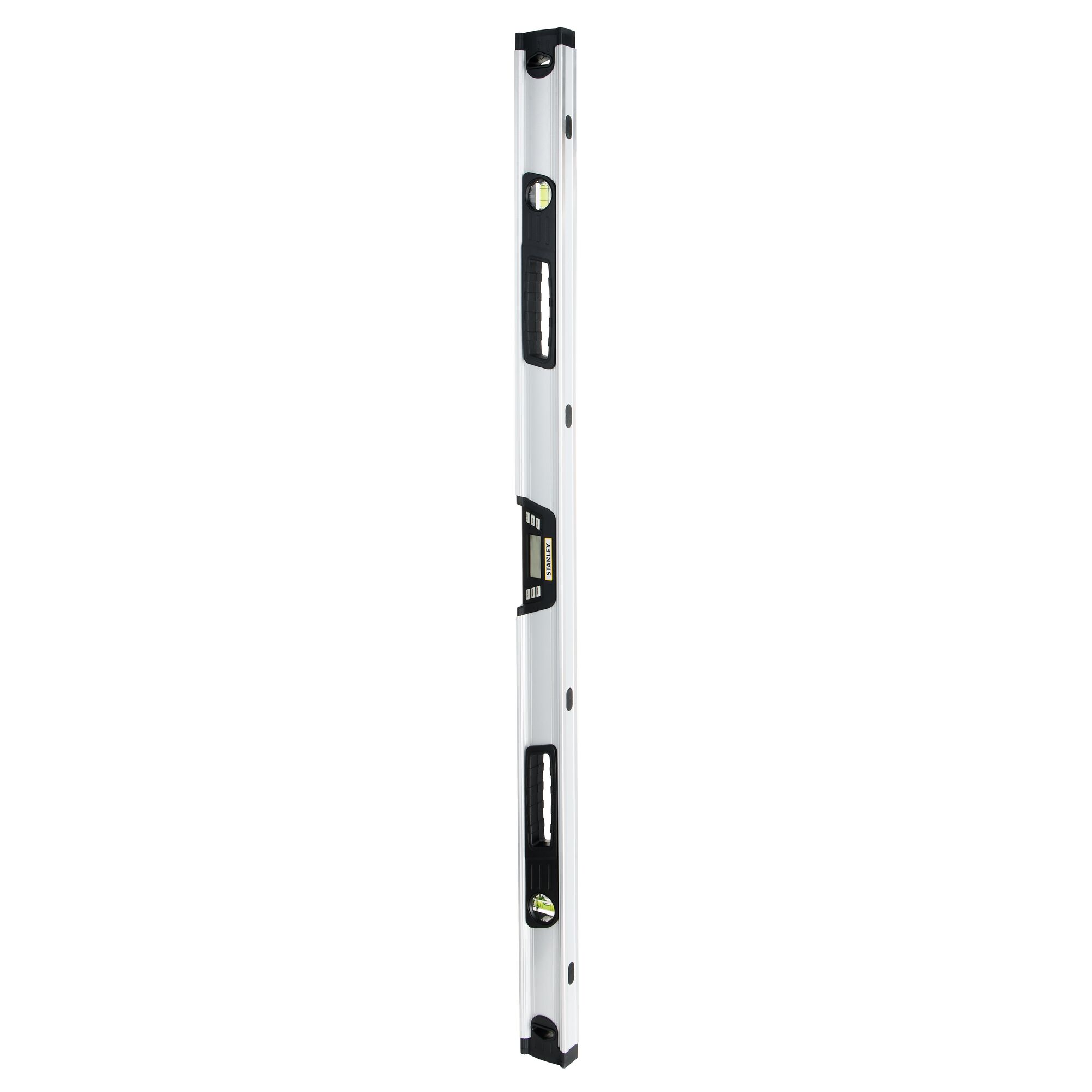 Photo of STANLEY 0-42-086 spirit level tool, silver with black handles, front angle on white background.