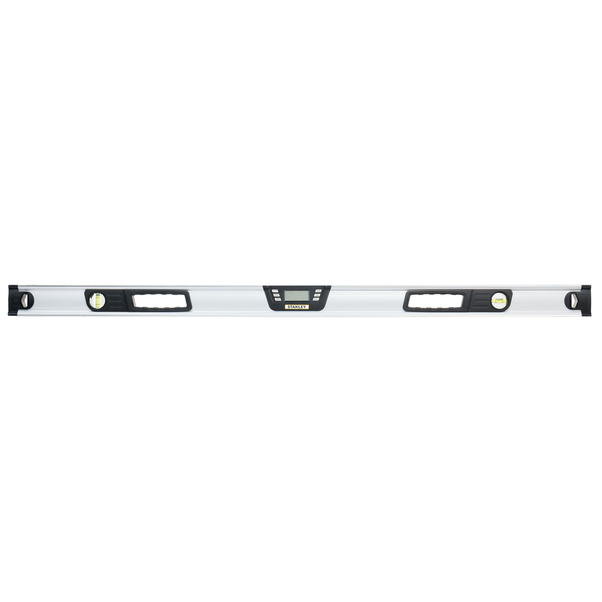 STANLEY 0-42-086 digital spirit level, silver with black accents, front view on white background.