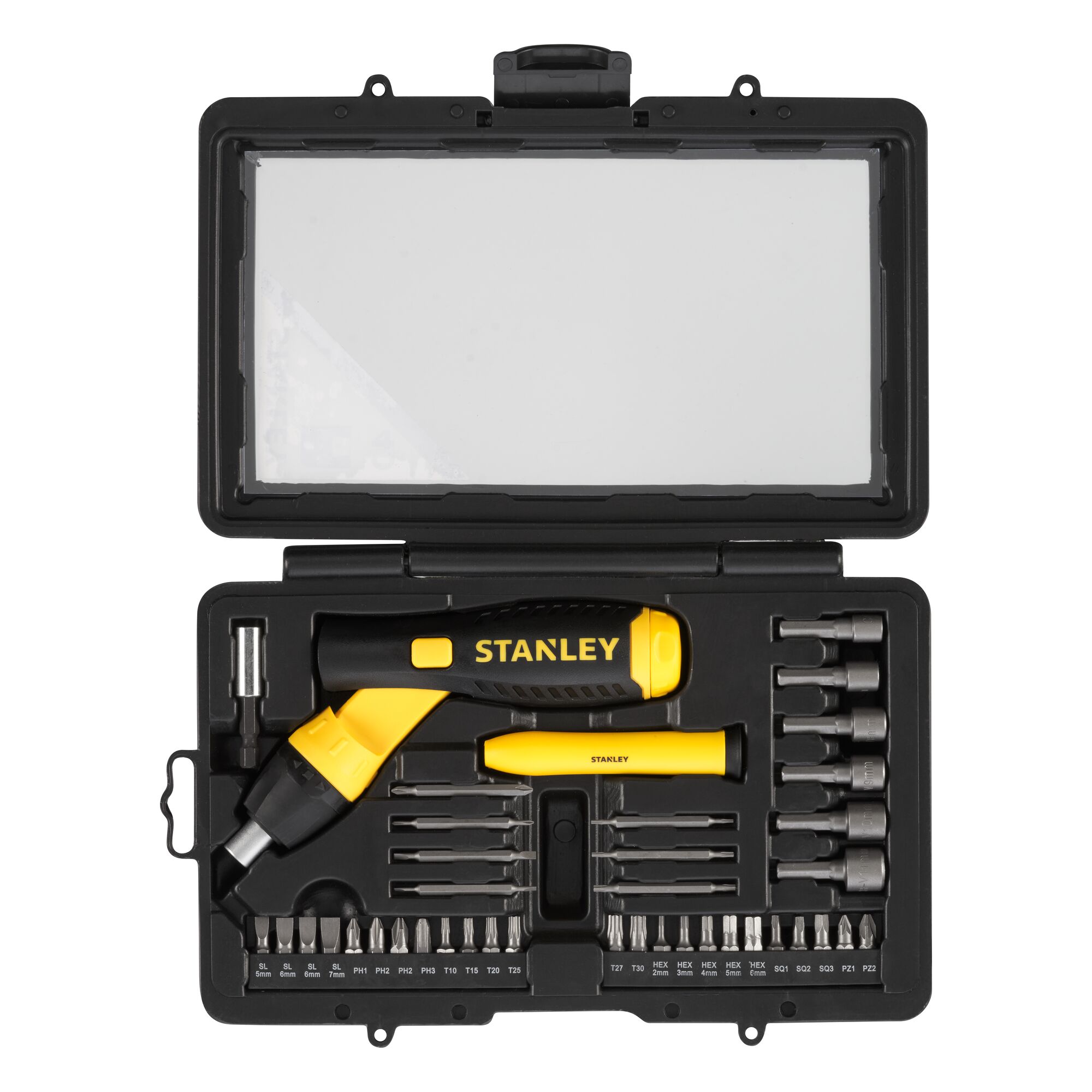 STANLEY 0-63-038 screwdriver and bit set in black and yellow with ratcheting handle and multiple bits, top-down view.