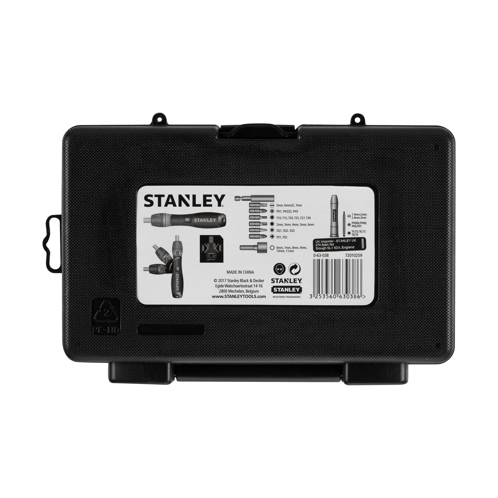 Photo of STANLEY 0-63-038 screwdriver set case, black plastic with product label and tool illustrations, rear view.