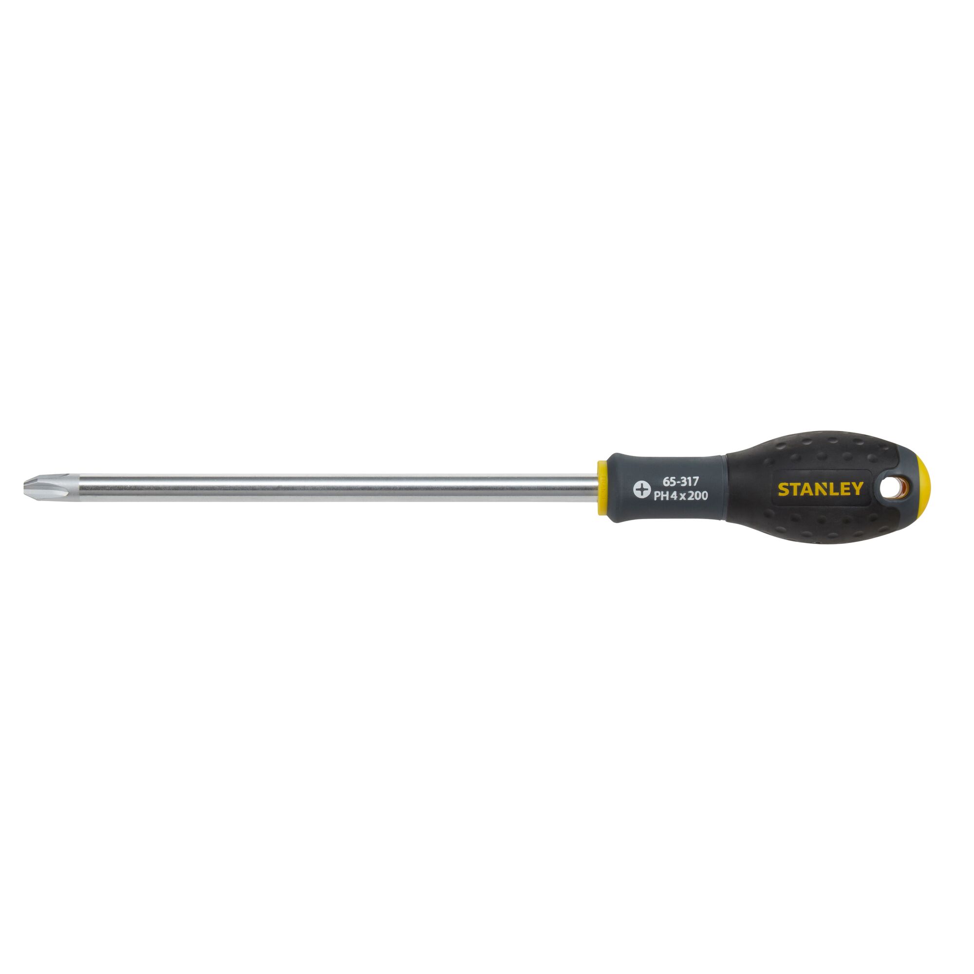 STANLEY 0-65-317 screwdriver with black and yellow ergonomic handle, Phillips head, side view on white background.