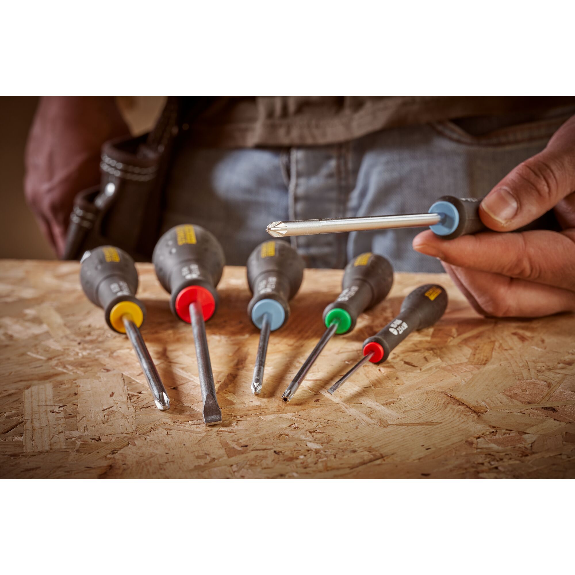 STANLEY 0-65-337 screwdriver set with colored handles on a wooden surface, close-up photography.