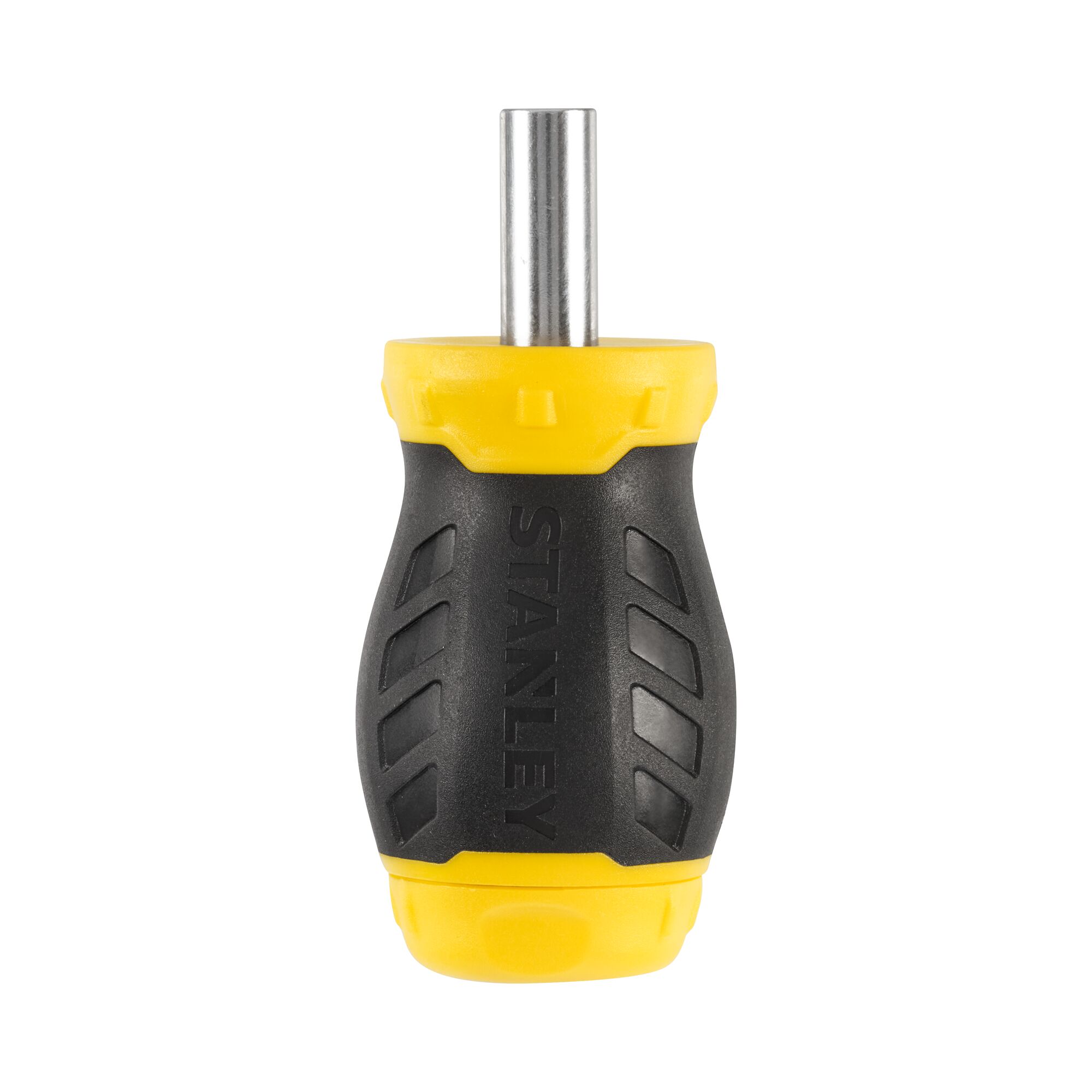 Photo of STANLEY 0-66-357 stubby screwdriver with black and yellow handle, front angle, white background.
