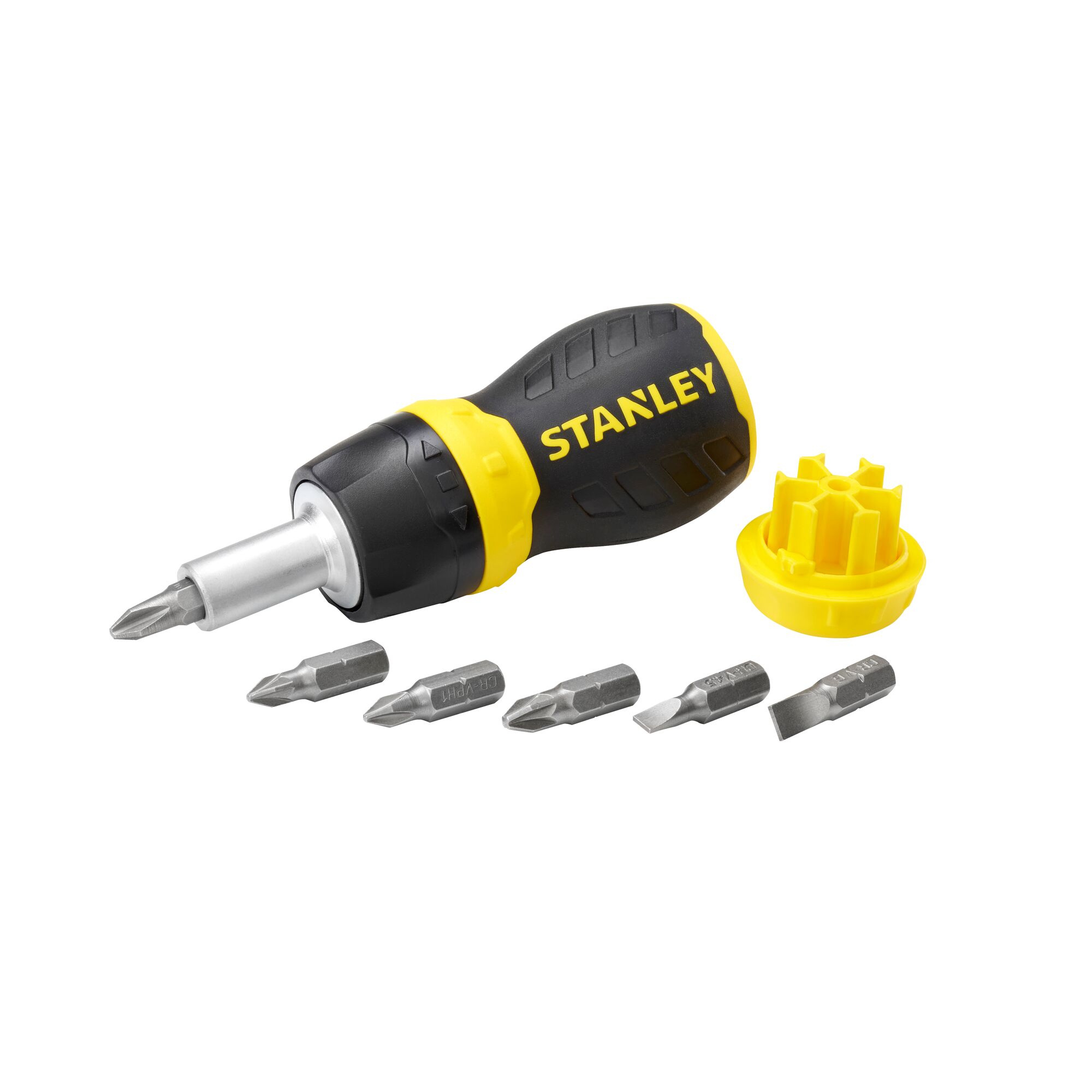 STANLEY 0-66-358 screwdriver set with yellow and black handle, six interchangeable bits, and bit holder, front angle.