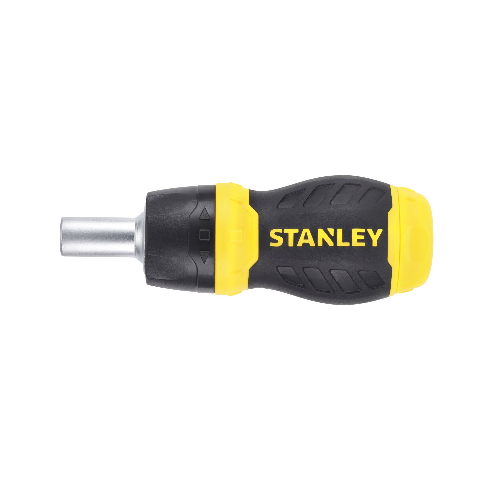 Stanley ratcheting screwdriver with black and yellow ergonomic handle, side-angle on white background