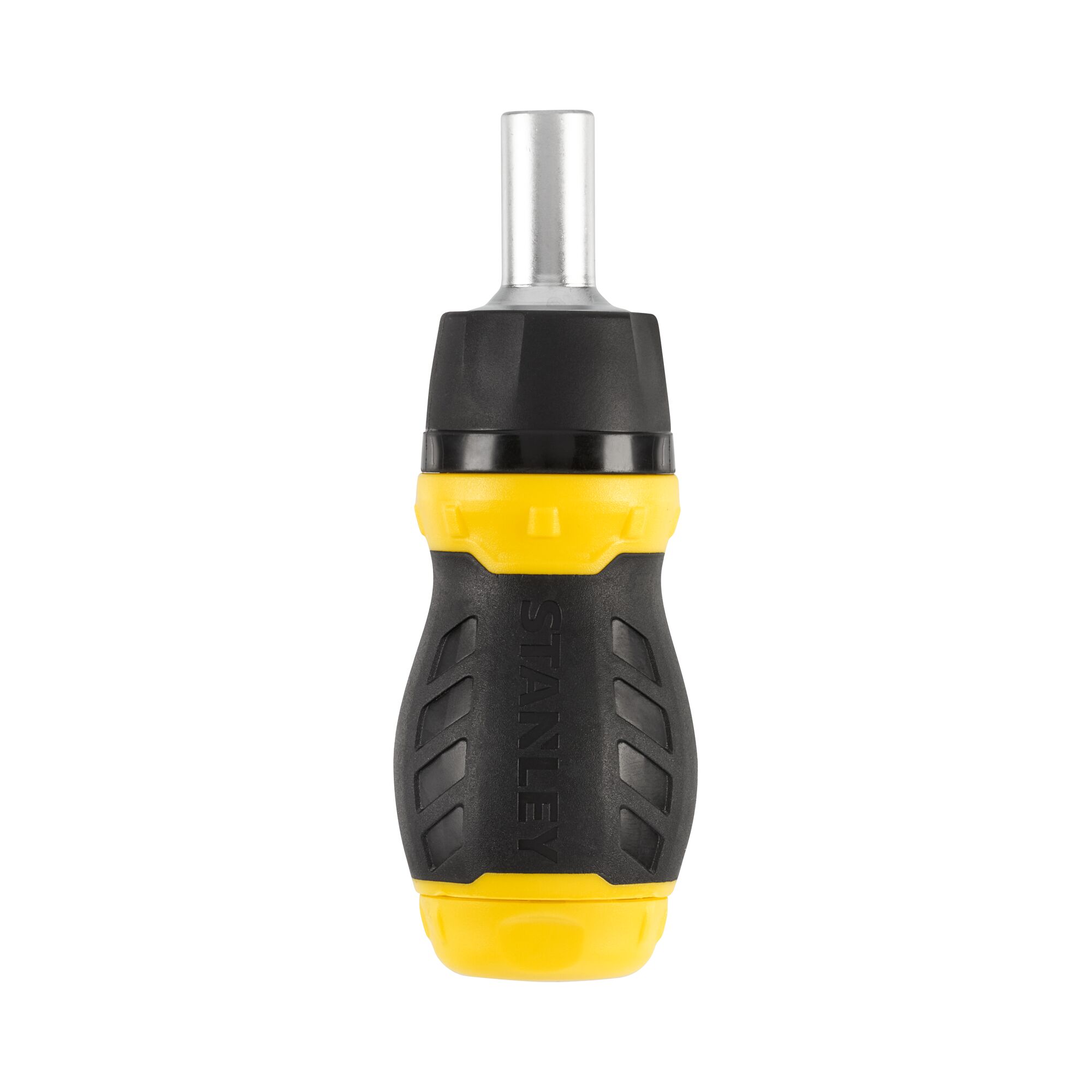 Photo of STANLEY 0-66-358 stubby screwdriver with yellow and black ergonomic handle, front view on white background.