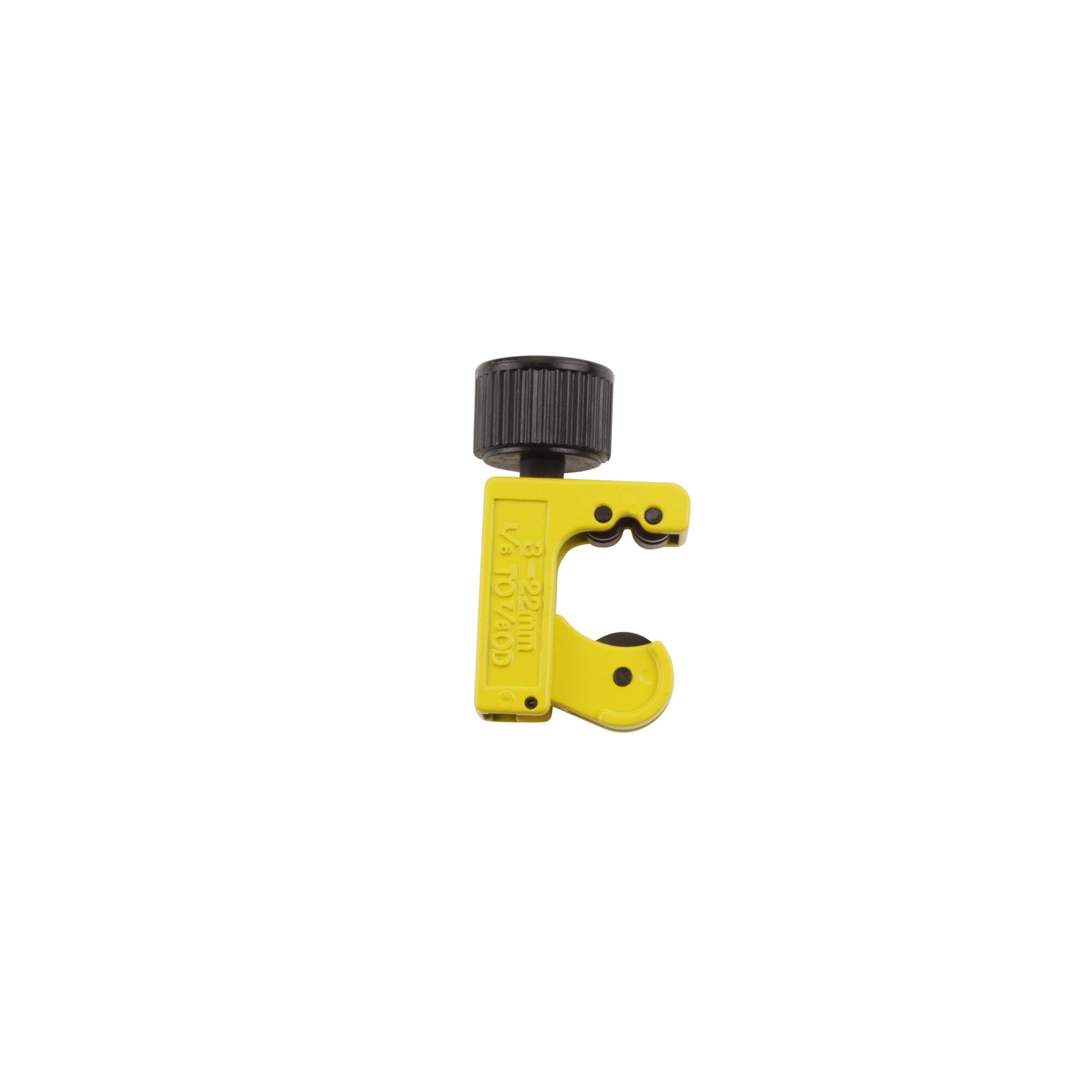 Photo of STANLEY 0-70-447 pipe cutter, yellow metal body with black adjustment knob, side angle on white background.
