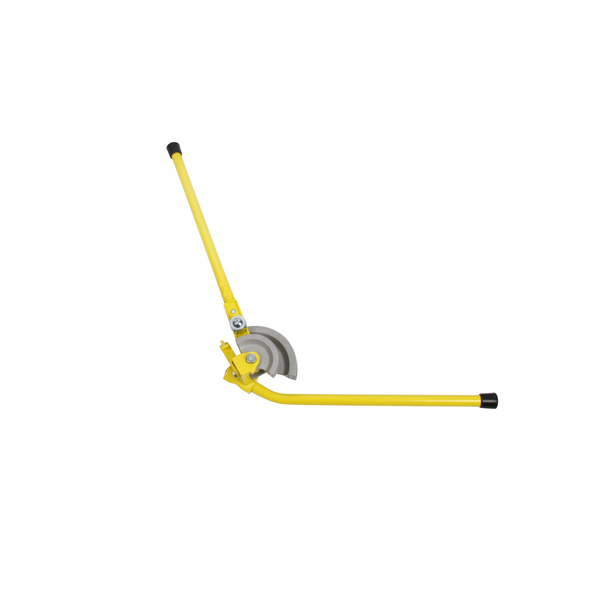 STANLEY 0-70-452 yellow manual pipe bender with black grip ends, side view on white background.
