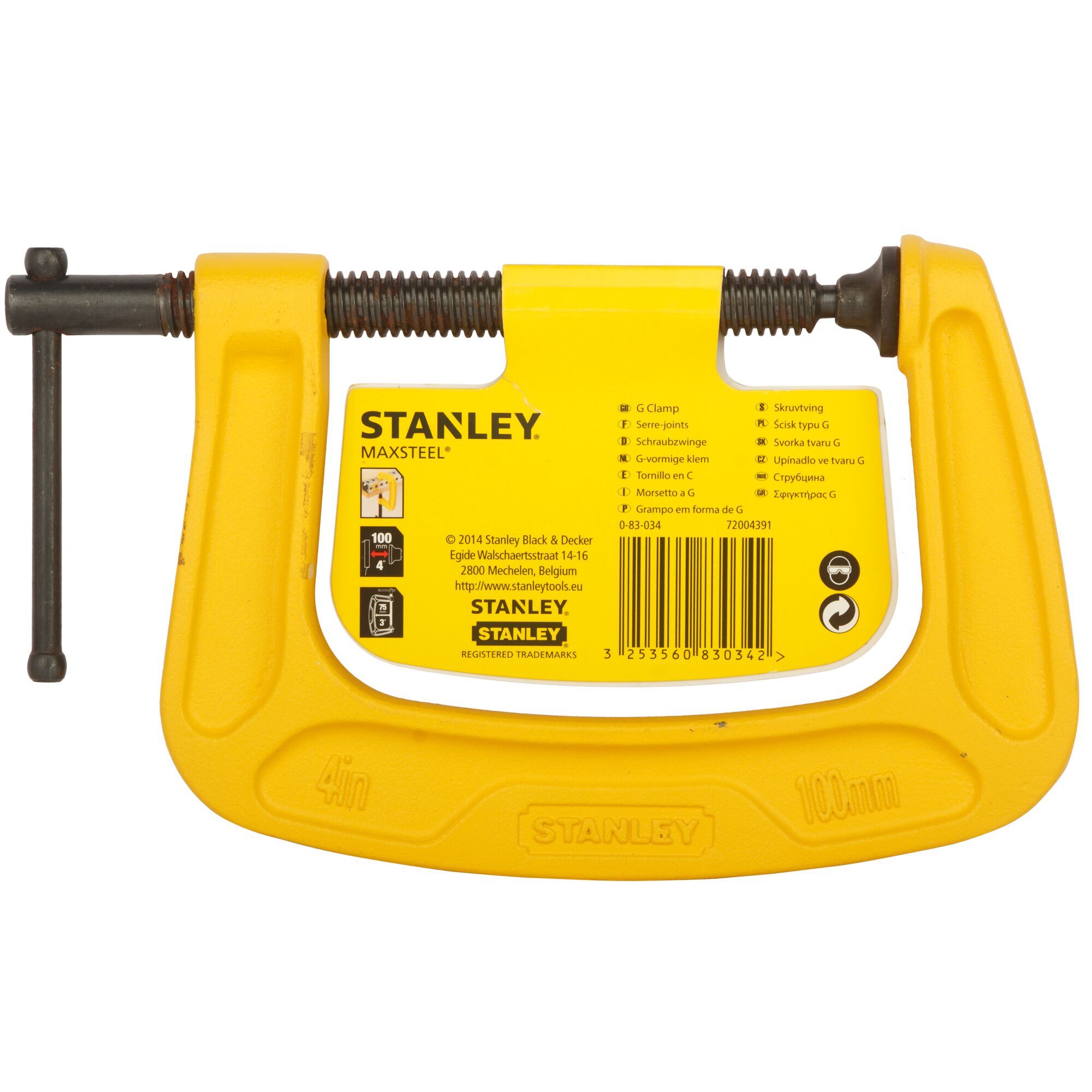 STANLEY 0-83-034 MAXSTEEL yellow G clamp, 4 inch, front view on white background.