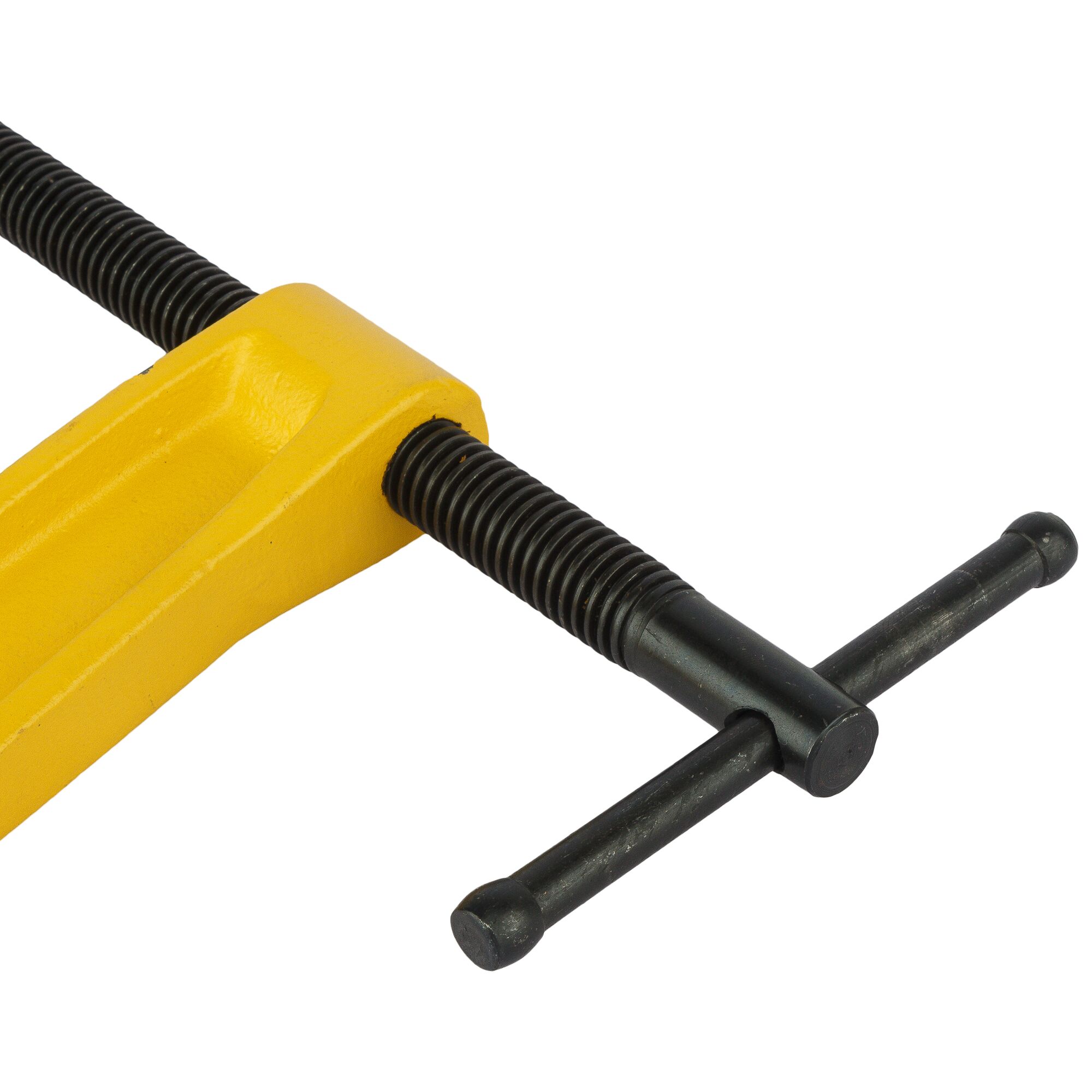 STANLEY 0-83-035 photography of yellow C-clamp handle and threaded screw, close-up, white background.