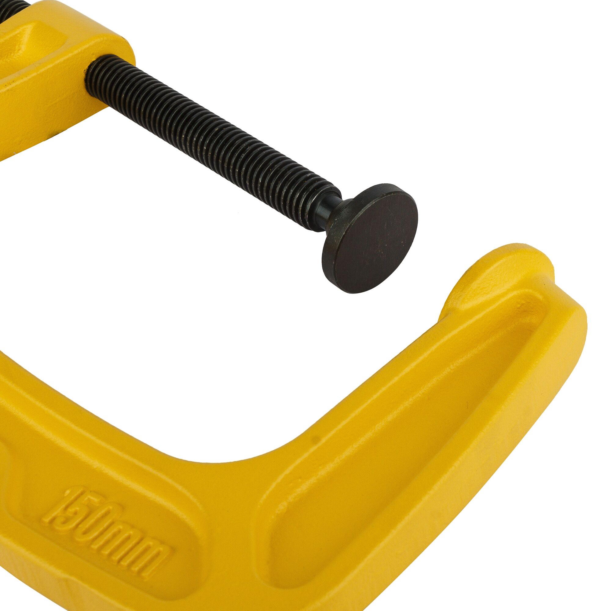 STANLEY 0-83-035 yellow C-clamp, 150mm, close-up, showing screw mechanism, photography category.