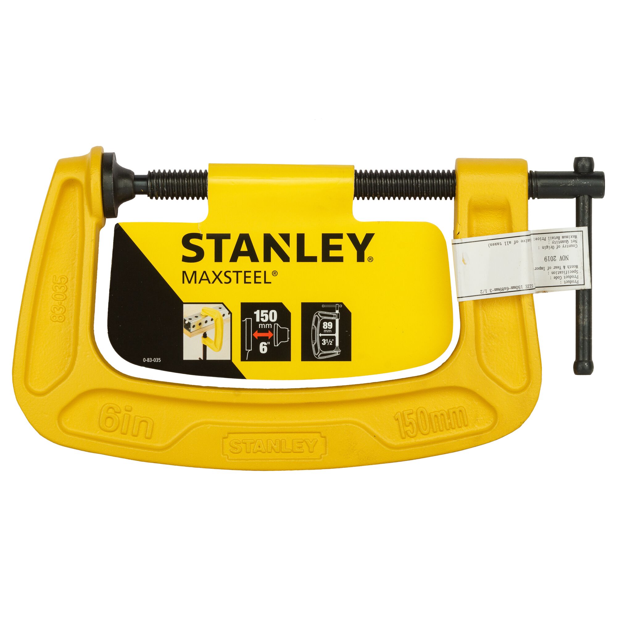 STANLEY 0-83-035 MaxSteel 6in C-clamp in yellow, front angle on white background.