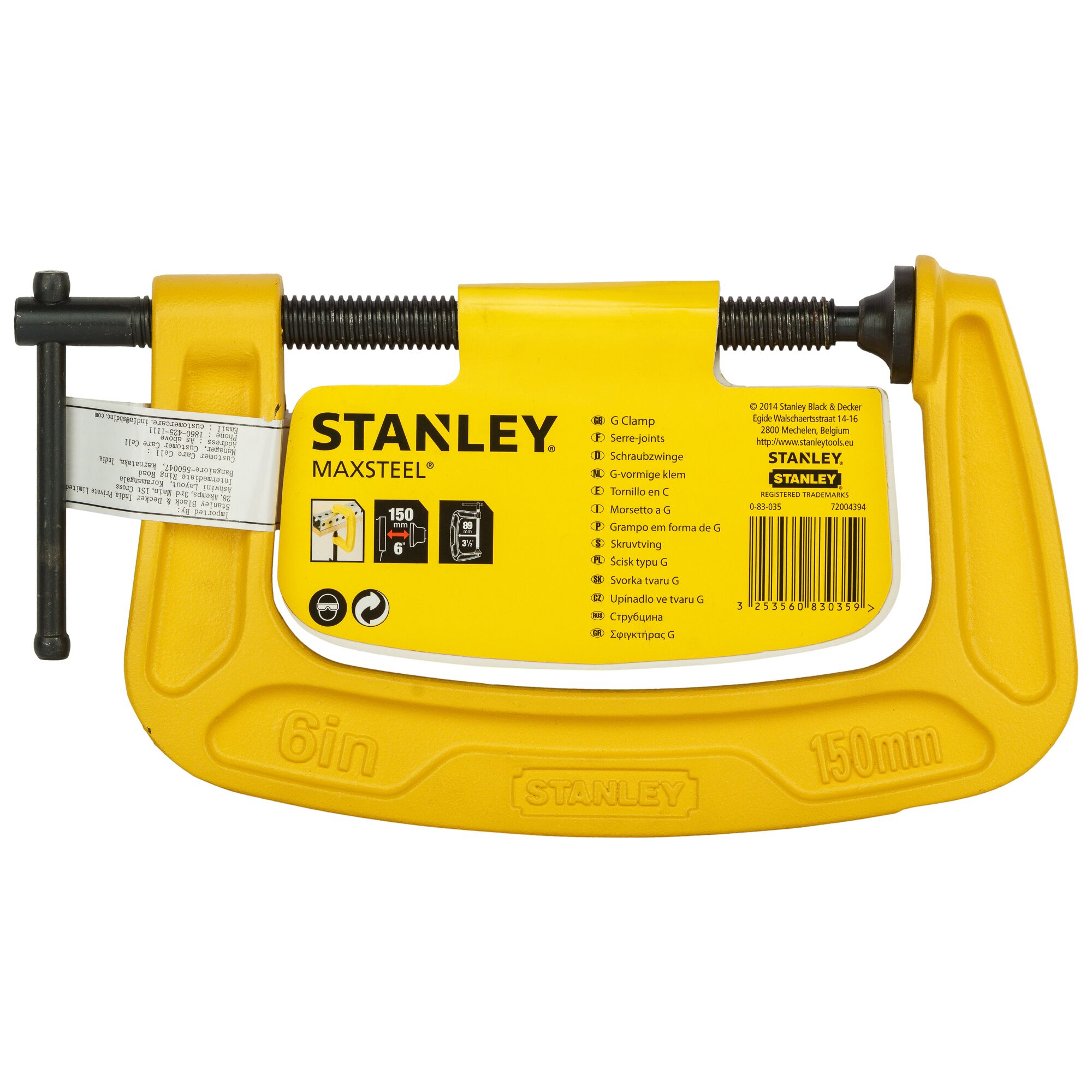 Stanley 0-83-035 MaxSteel 6in 150mm G clamp, yellow, front angle photography.