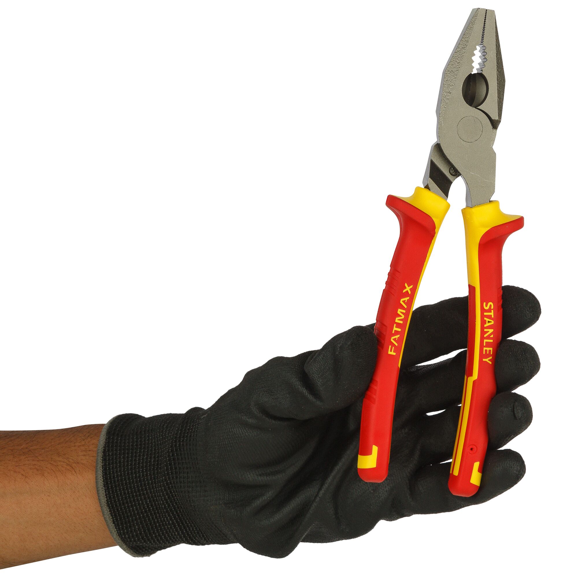 Photo of STANLEY 0-84-002 insulated pliers with red and yellow handles held in a gloved hand.