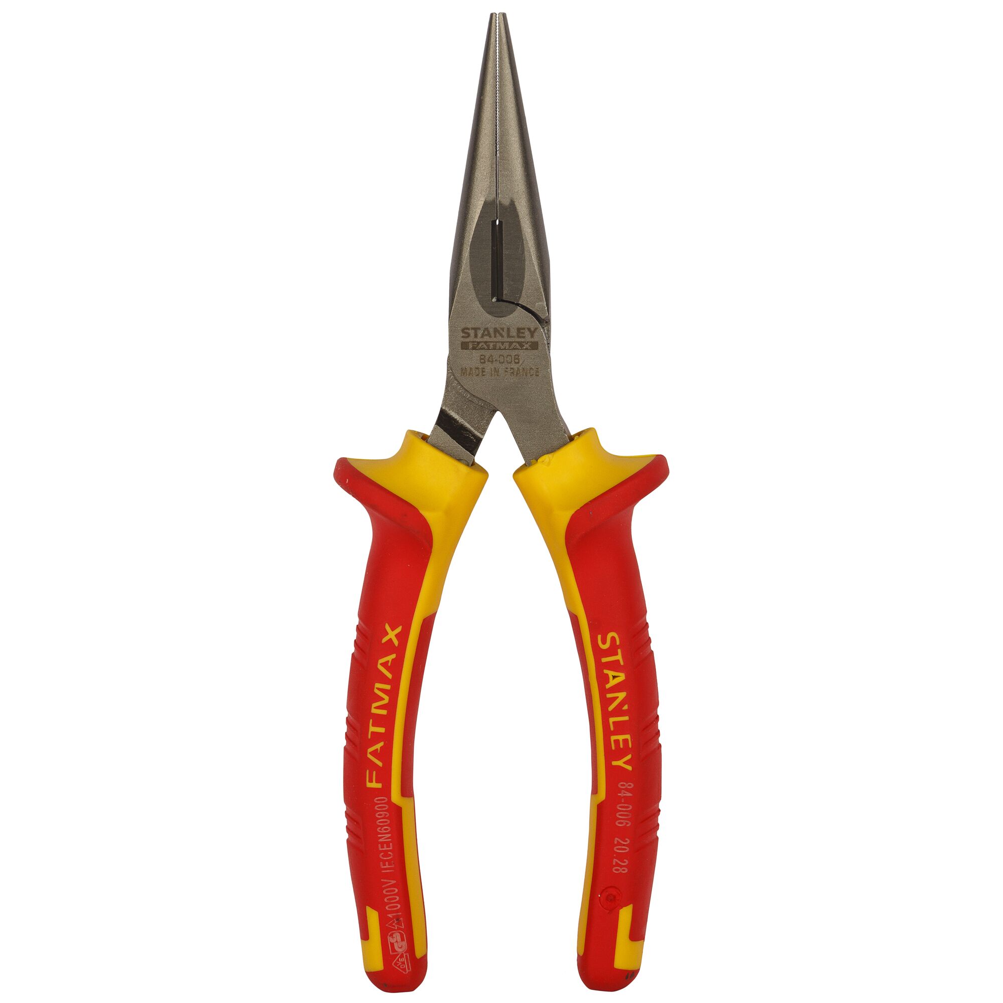 Stanley 0-84-006 long nose pliers with red and yellow insulated grips, front view on white background.