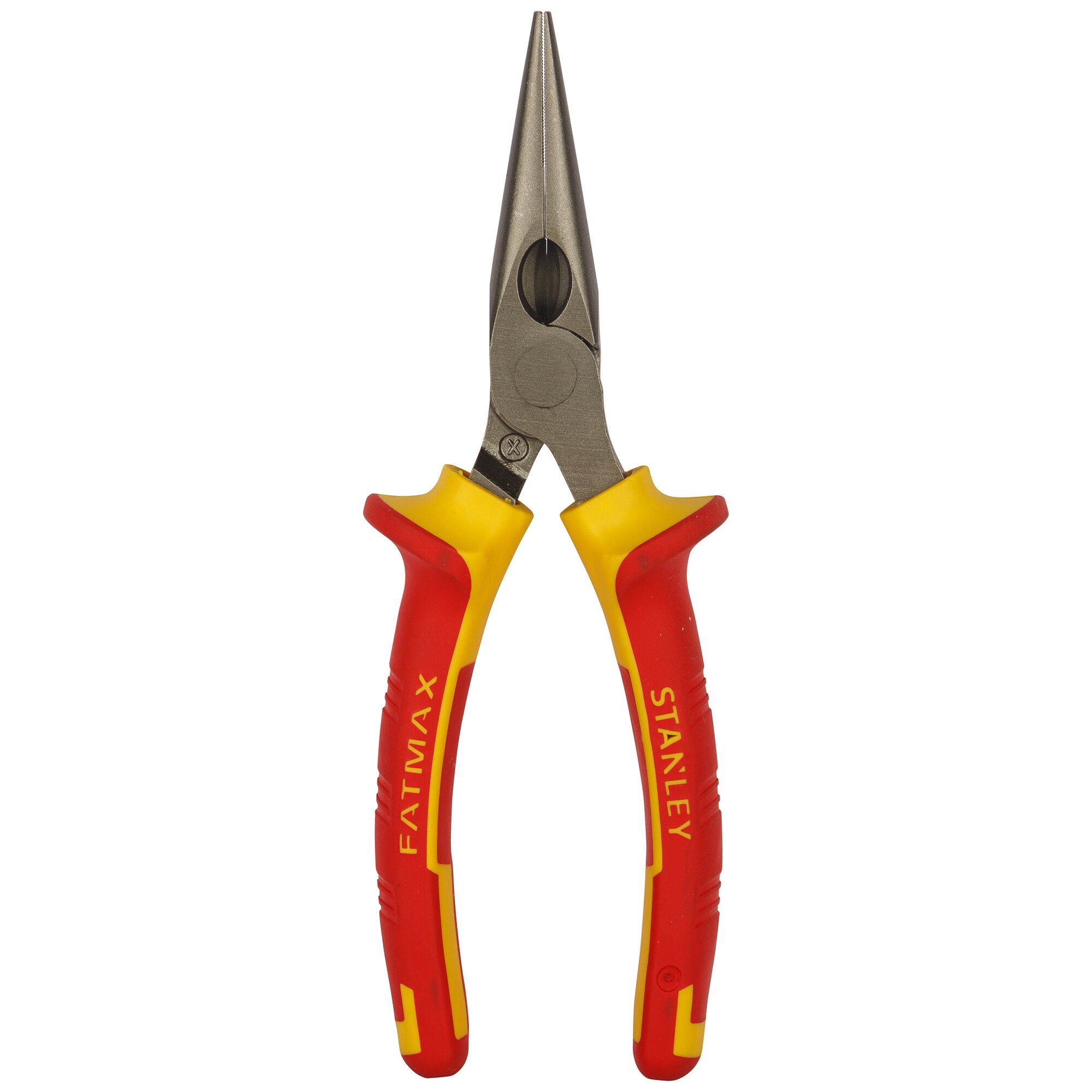 STANLEY 0-84-006 long nose pliers with red and yellow insulated handles, front angle, white background.