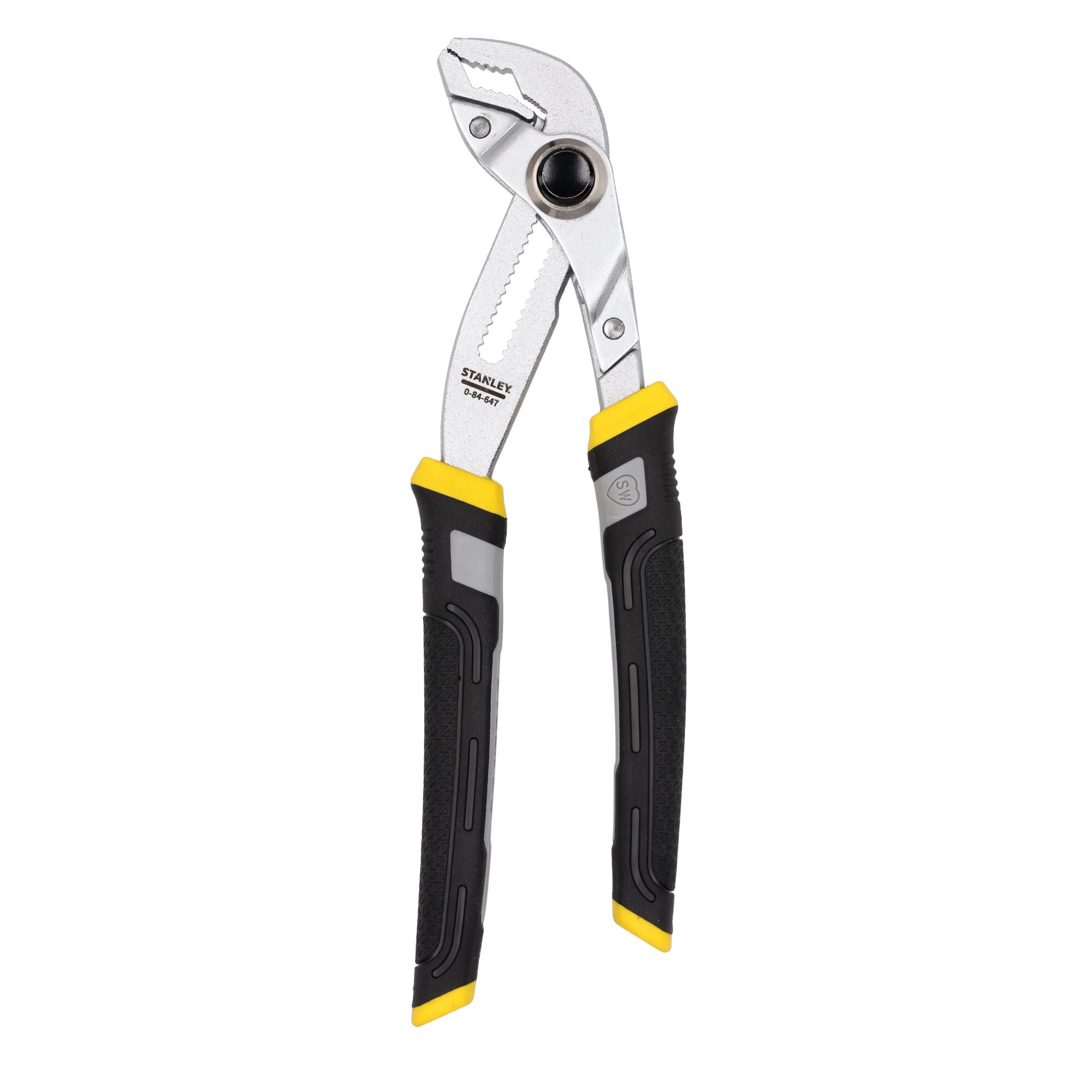 Photo of STANLEY 0-84-647 pliers with black and yellow handles, angled on white background.