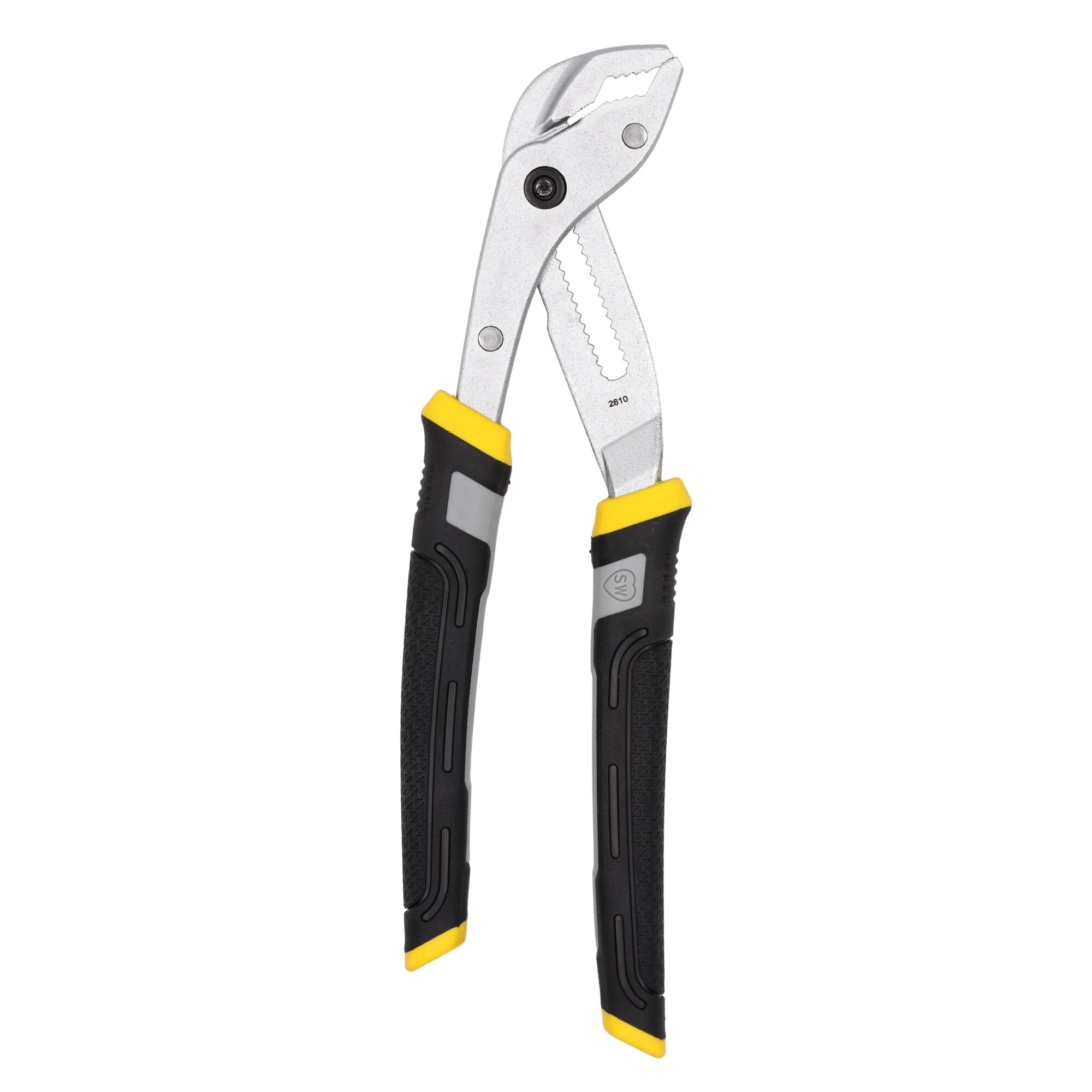 STANLEY 0-84-647 water pump pliers with black and yellow handles, front angle on white background.