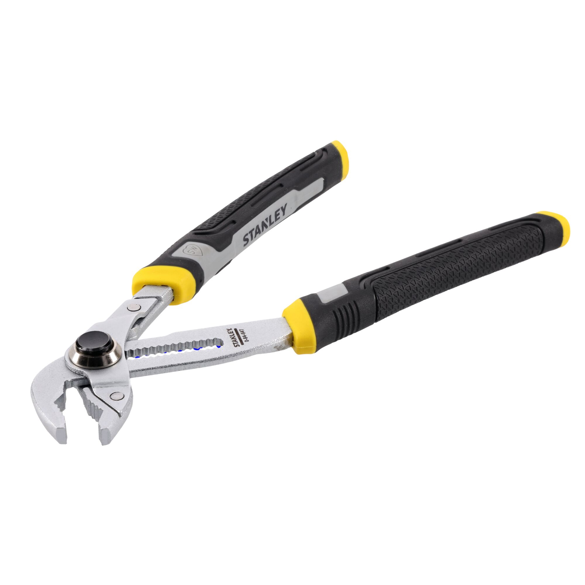 STANLEY 0-84-647 adjustable water pump pliers with black and yellow grip, FatMax branding, front angle.