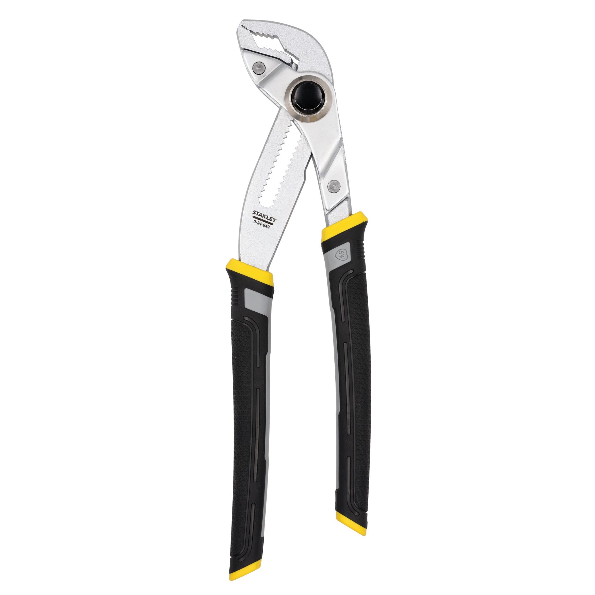 STANLEY 0-84-649 water pump pliers with black and yellow handles, side angle on white background.