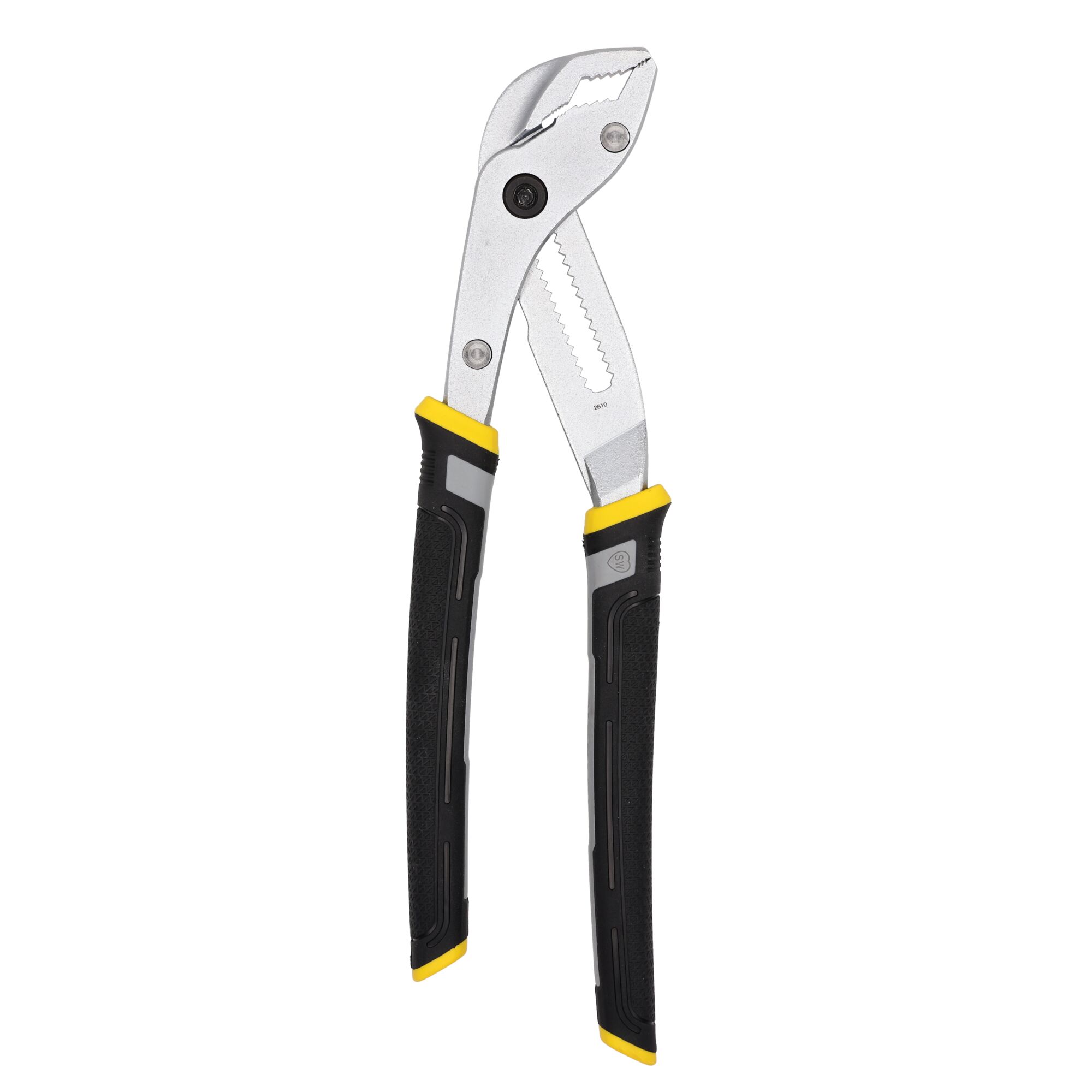 A pair of adjustable groove joint pliers with a metal body and black handles featuring yellow accents, displayed against a white background.