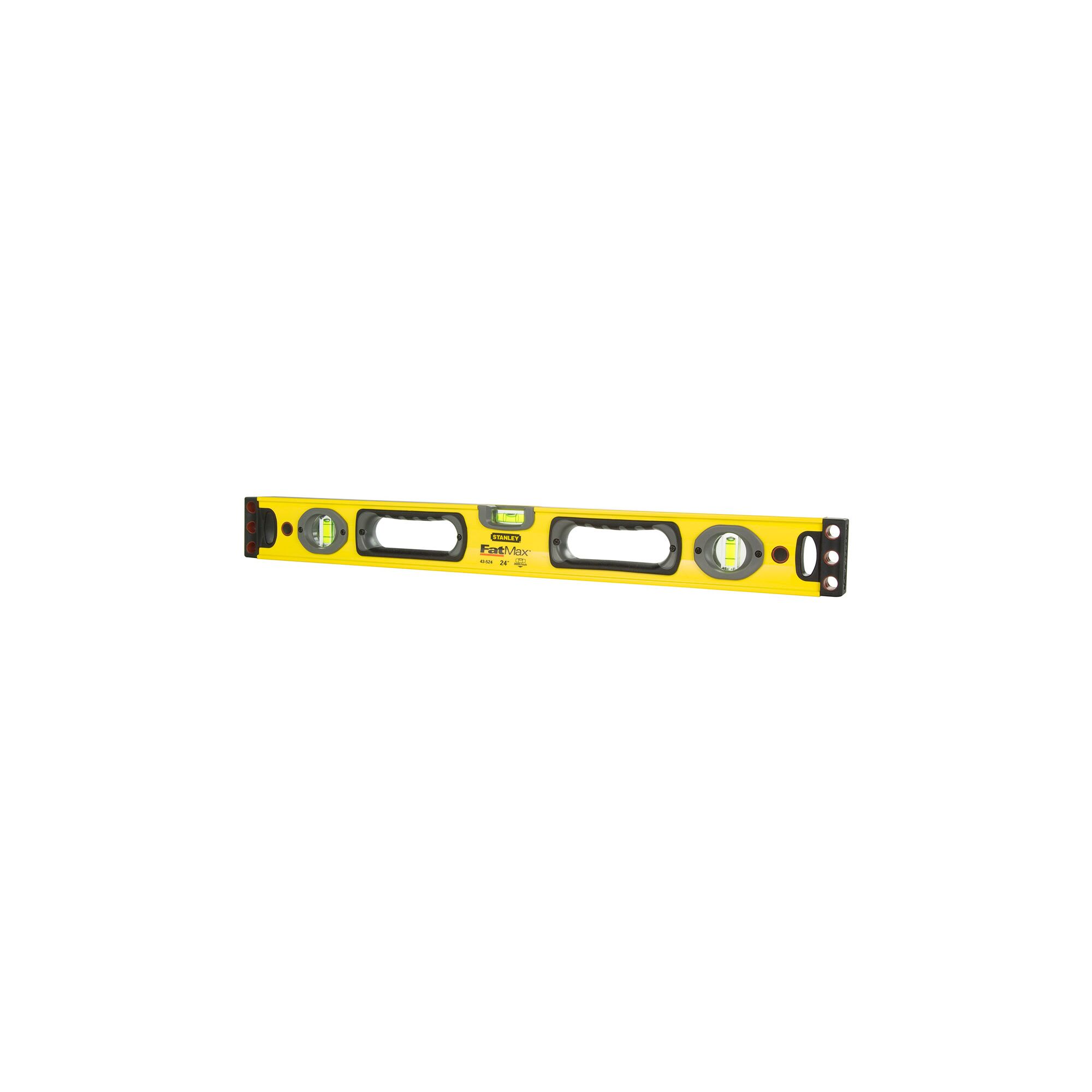 STANLEY 1-43-524 yellow spirit level with three vials, two handles, and black end caps, side angle on white.