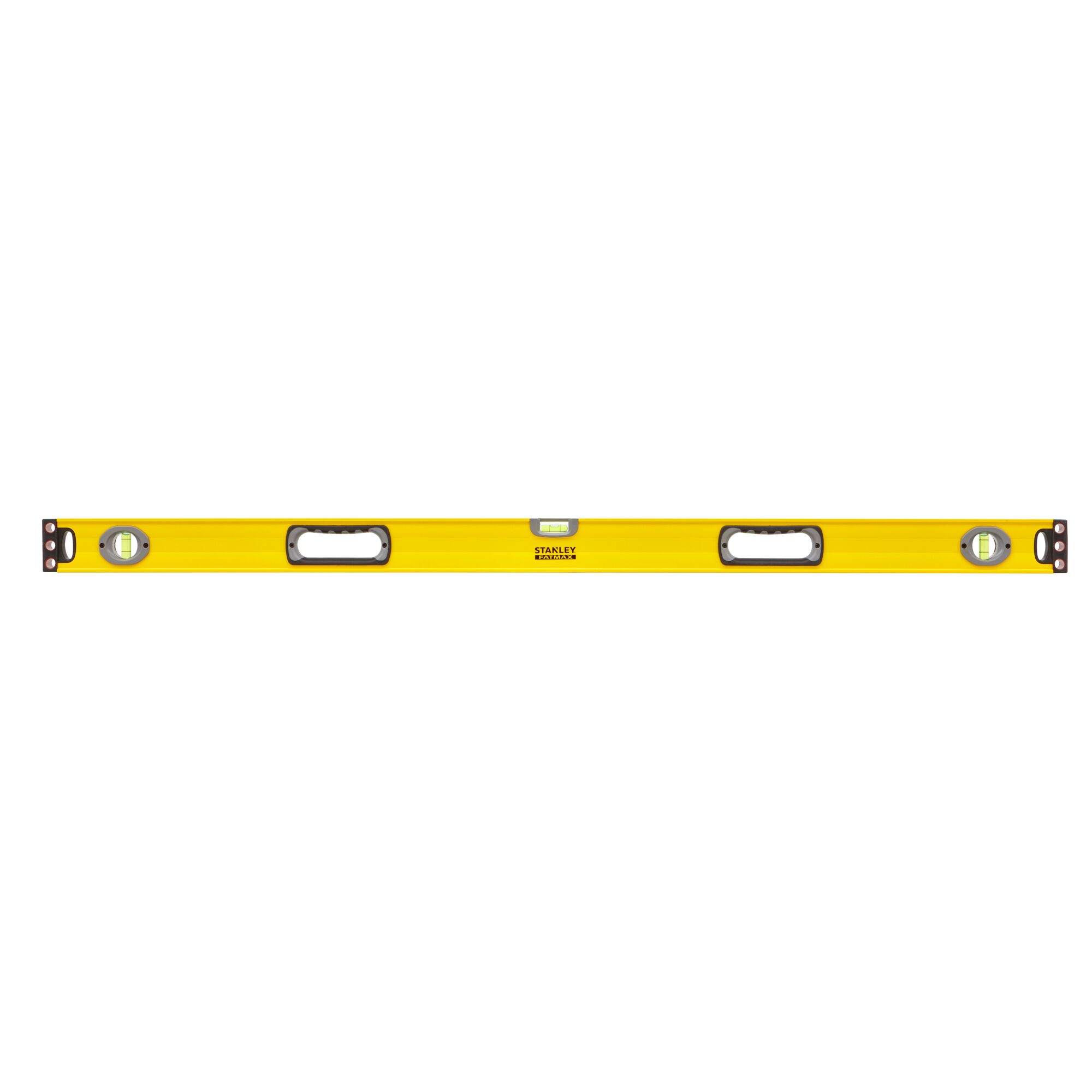 Photo of STANLEY 1-43-548 yellow spirit level with three vials, two handles, front angle on white background.