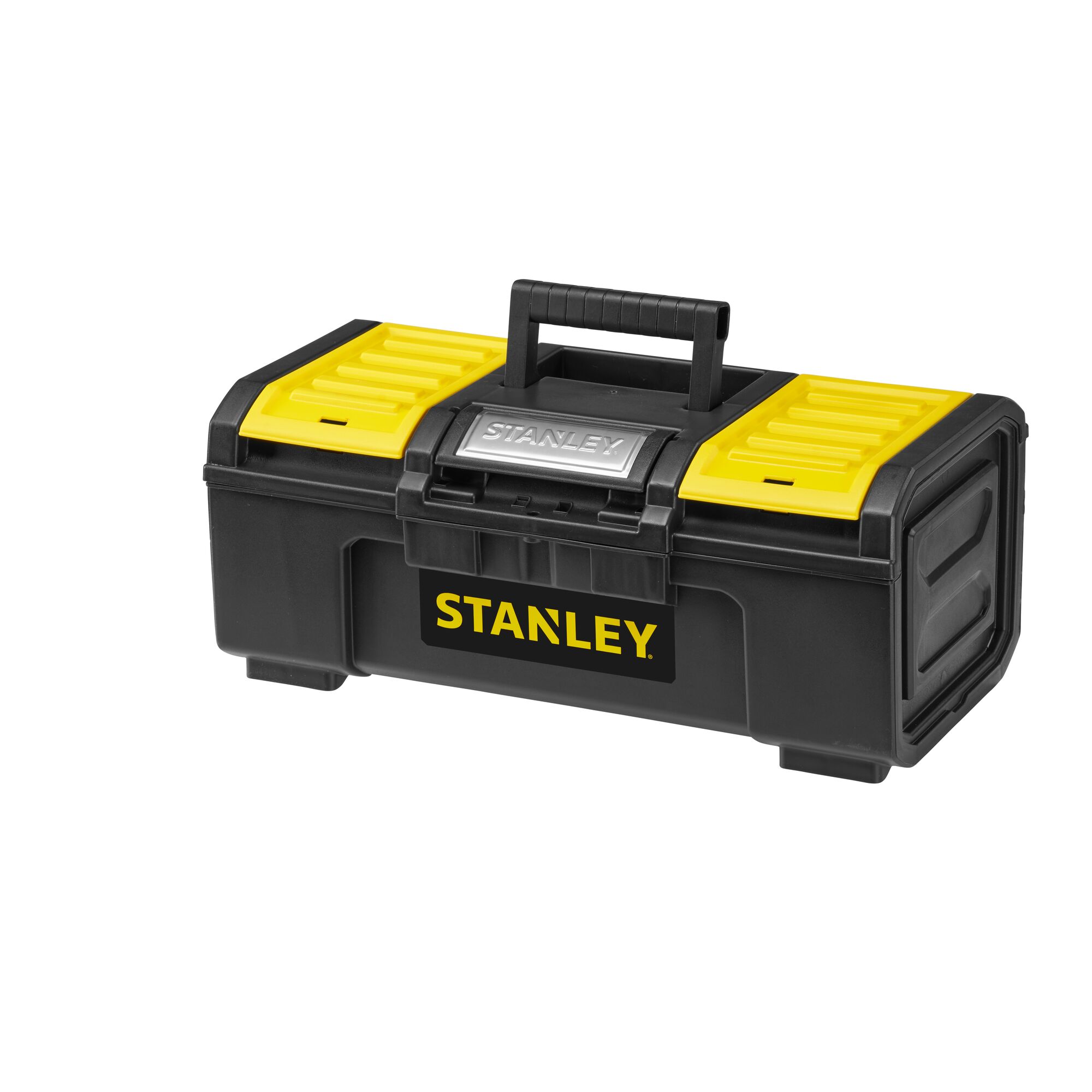 Photo of STANLEY 1-79-216 black and yellow toolbox, front angle, sturdy handle, rectangular shape.