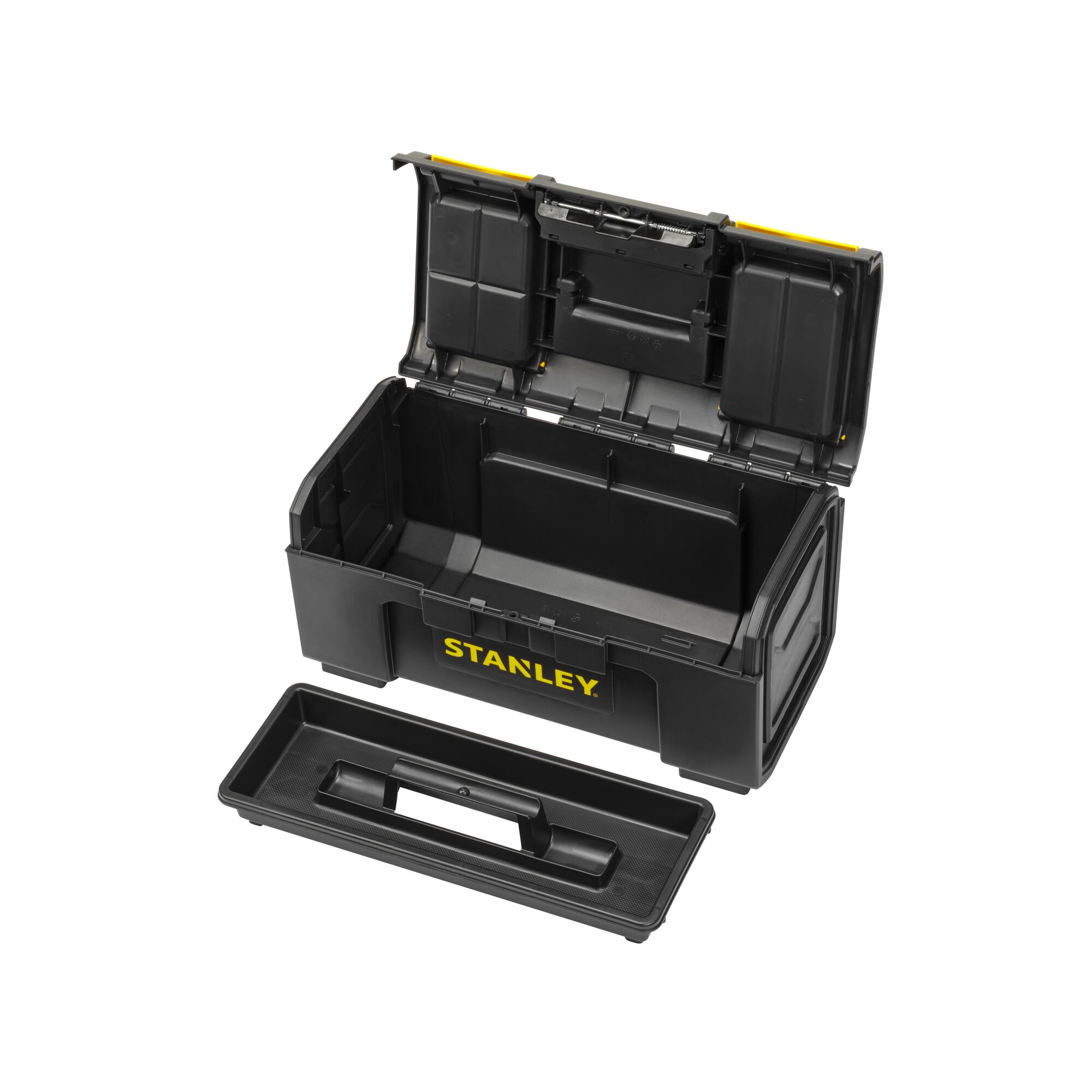 STANLEY 1-79-217 black toolbox with removable tray, open lid, white background, front angle.