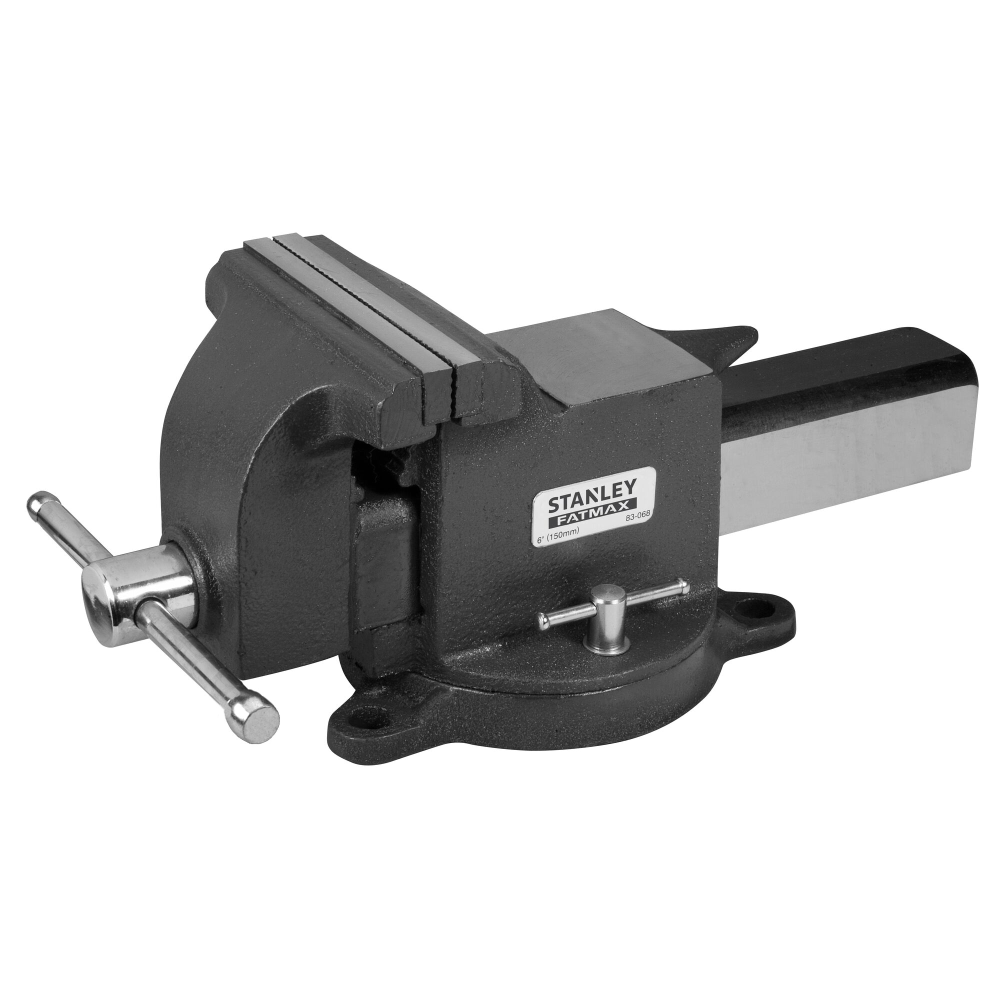 STANLEY 1-83-068 bench vise, black metal, side angle, with rotating base and sturdy jaws.