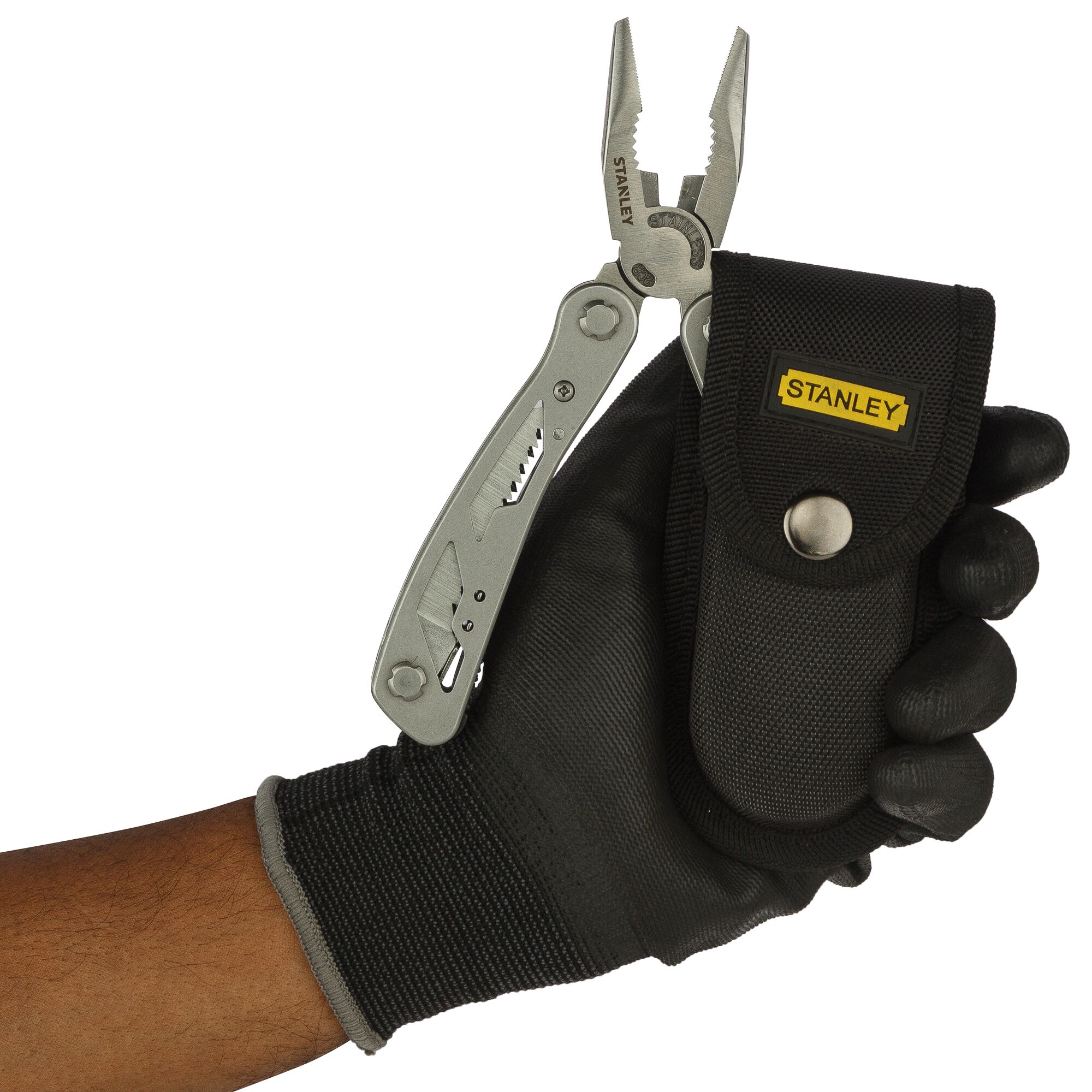 Stanley 1-84-519 multi-tool pliers with black pouch, held in gloved hand, product angle on white background.