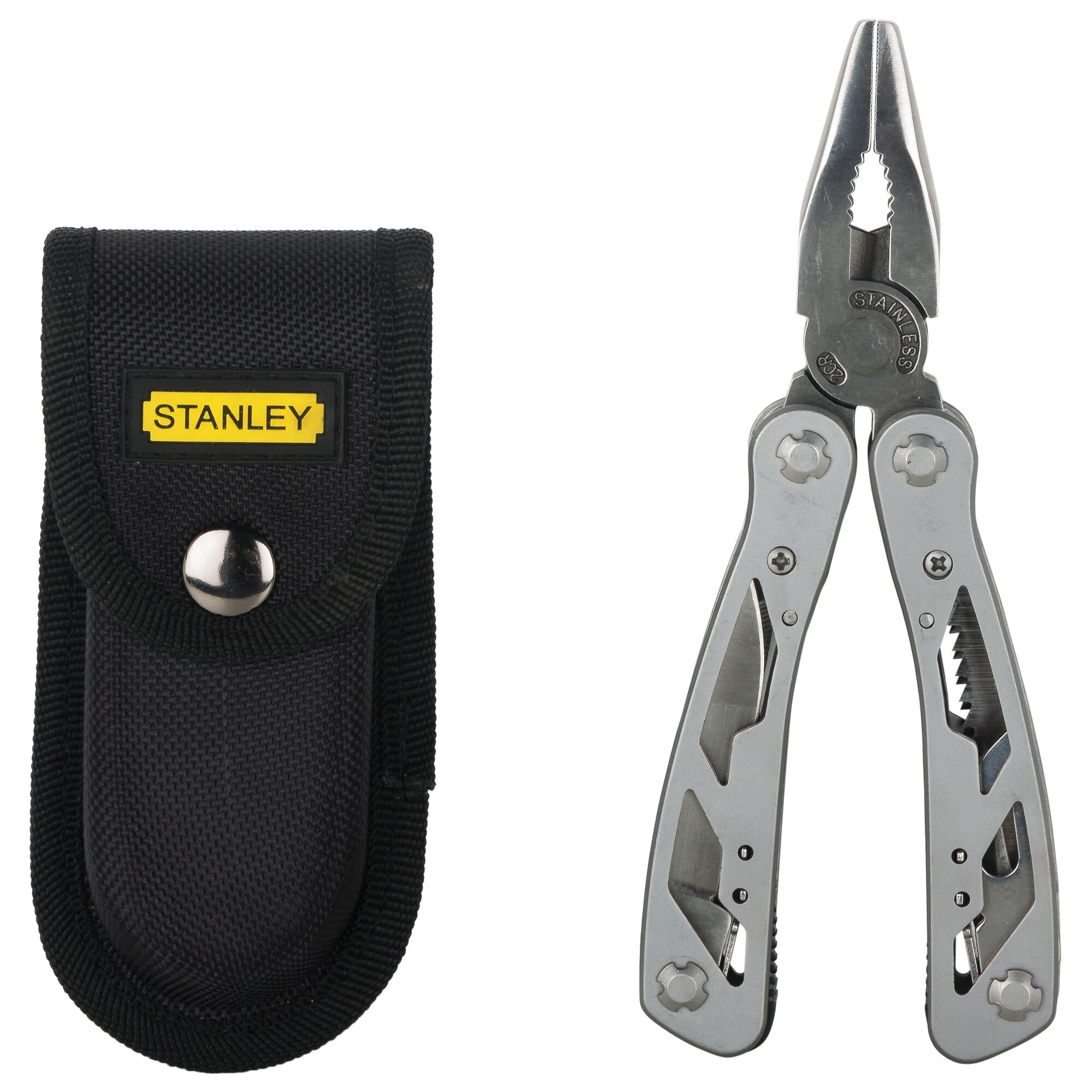 STANLEY 1-84-519 multi-tool pliers with black carrying pouch, front angle on white background.