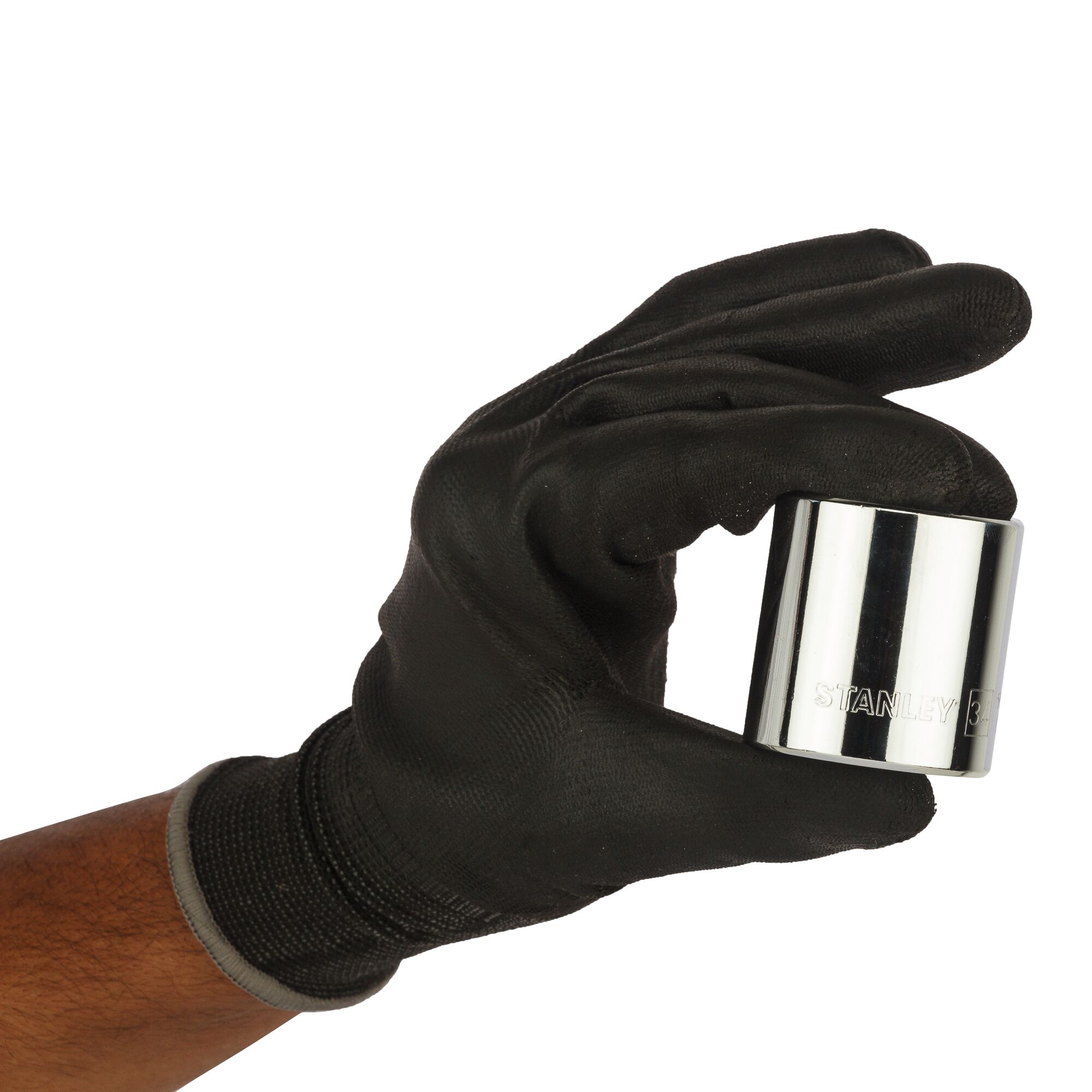 STANLEY 1-86-196 socket held by a hand in black glove on white background, product side view.