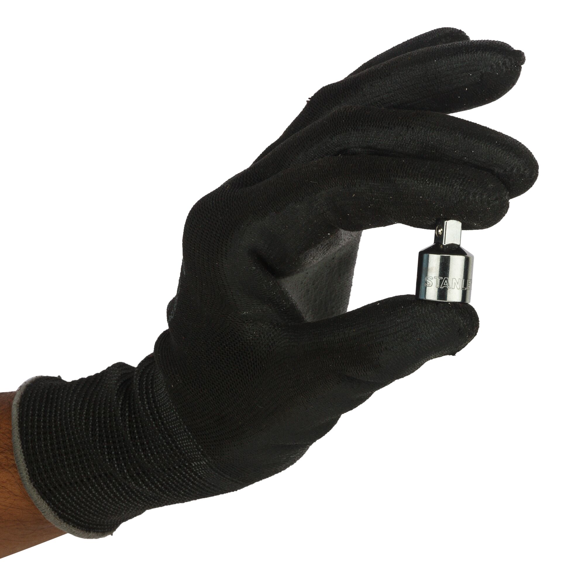 STANLEY 1-86-214 black-gloved hand holding small chrome socket adapter, product photography, white background.