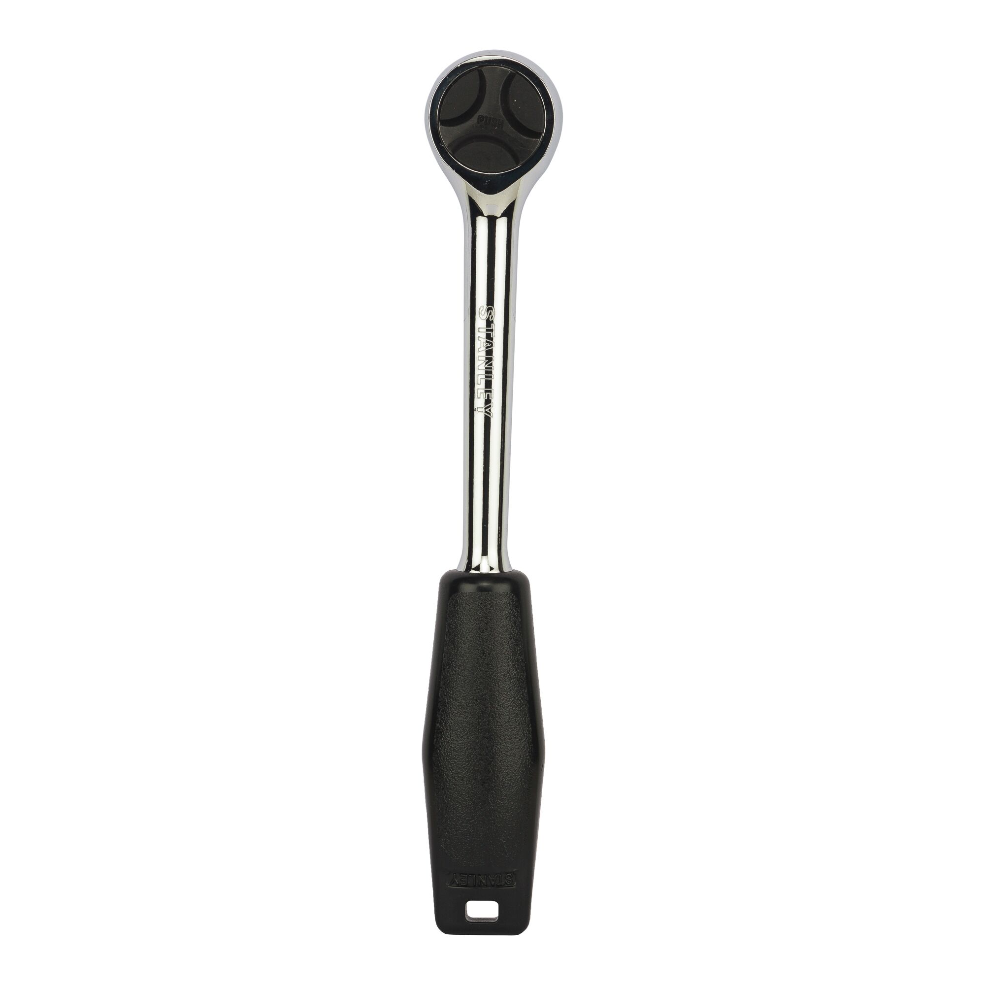 Stanley ratchet handle with black grip, chrome finish, and circular head, suitable for socket tools.