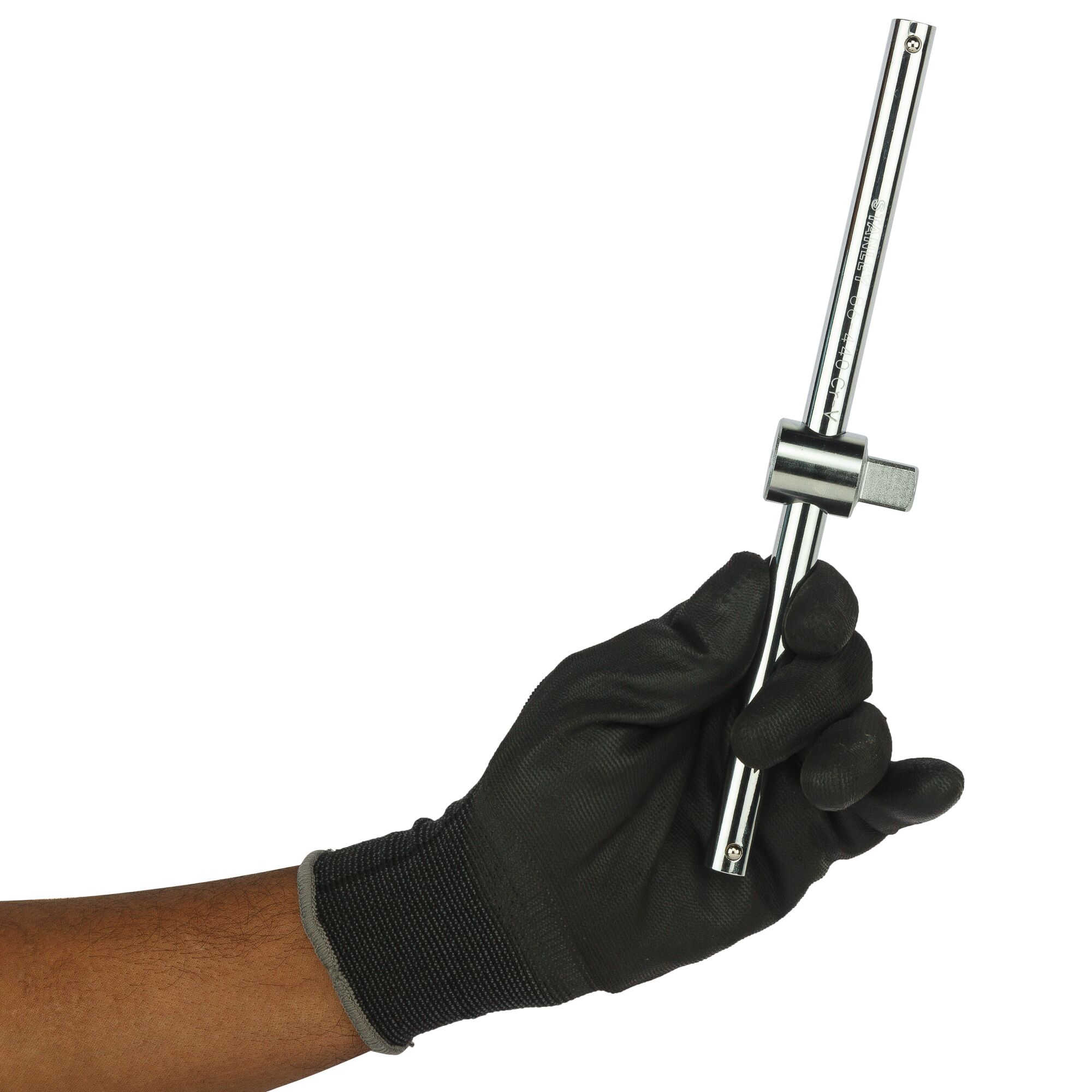 STANLEY 1-86-440 T-handle socket wrench held in gloved hand, photography close-up.