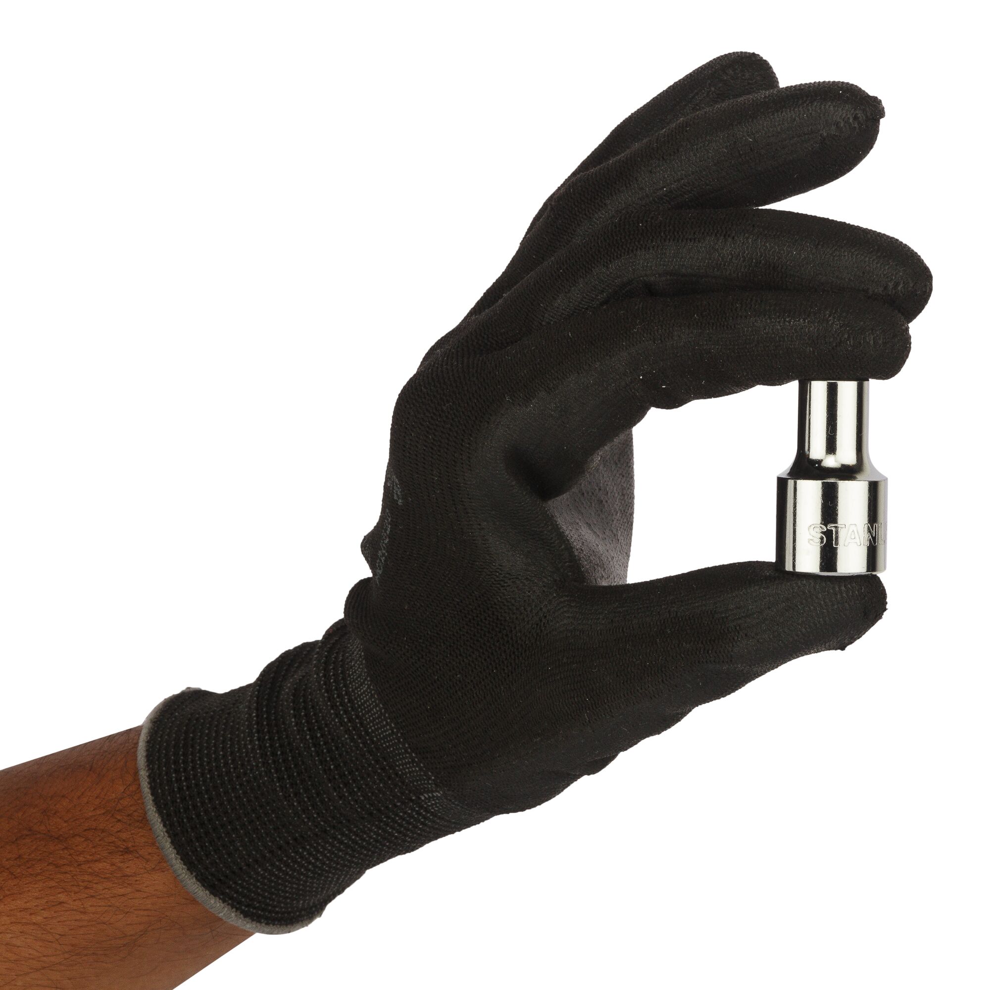 Photo of STANLEY 1-86-509 socket held in a gloved hand, chrome finish, product shown from side angle.