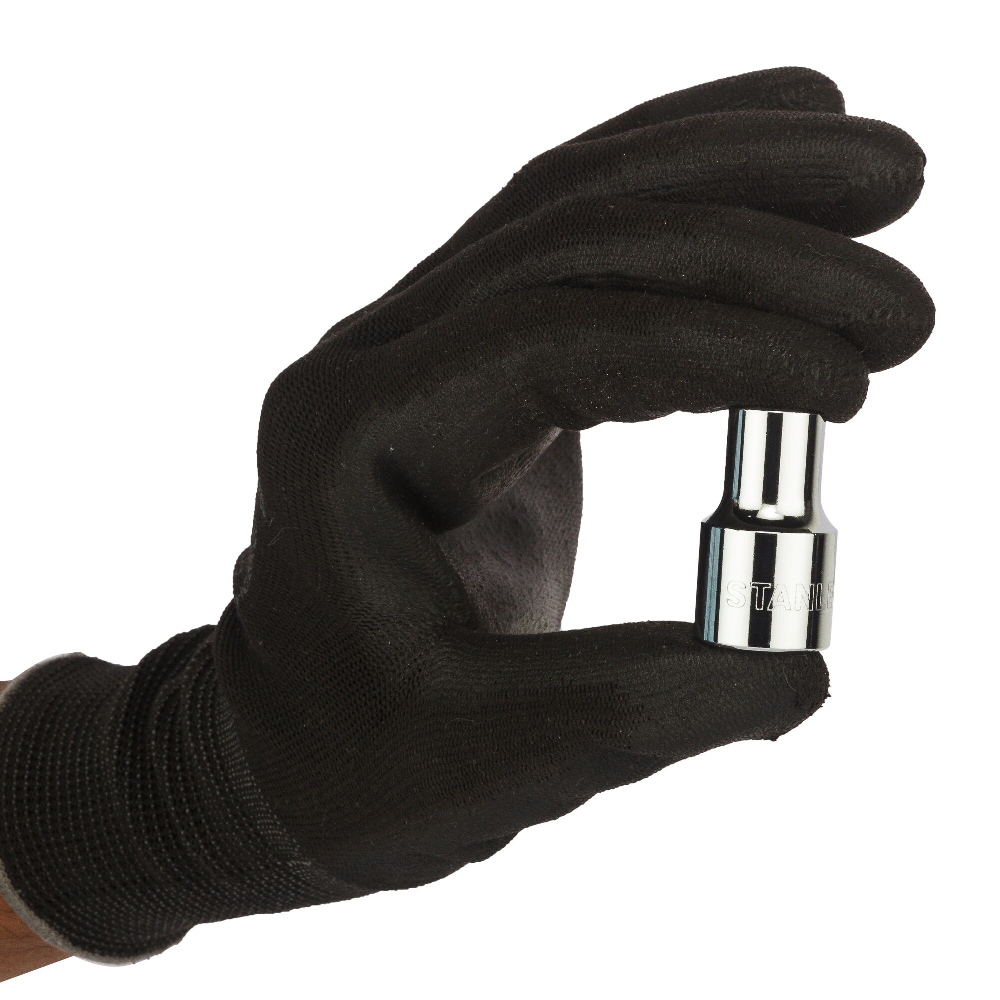 STANLEY 1-86-510 socket tool held by gloved hand, front angle, shiny chrome finish.