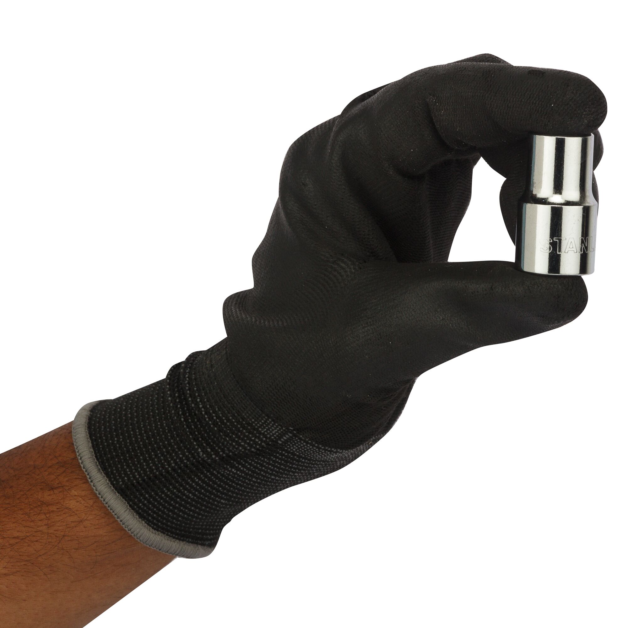 STANLEY 1-86-512 chrome socket held by gloved hand in close-up photo, product category photography.
