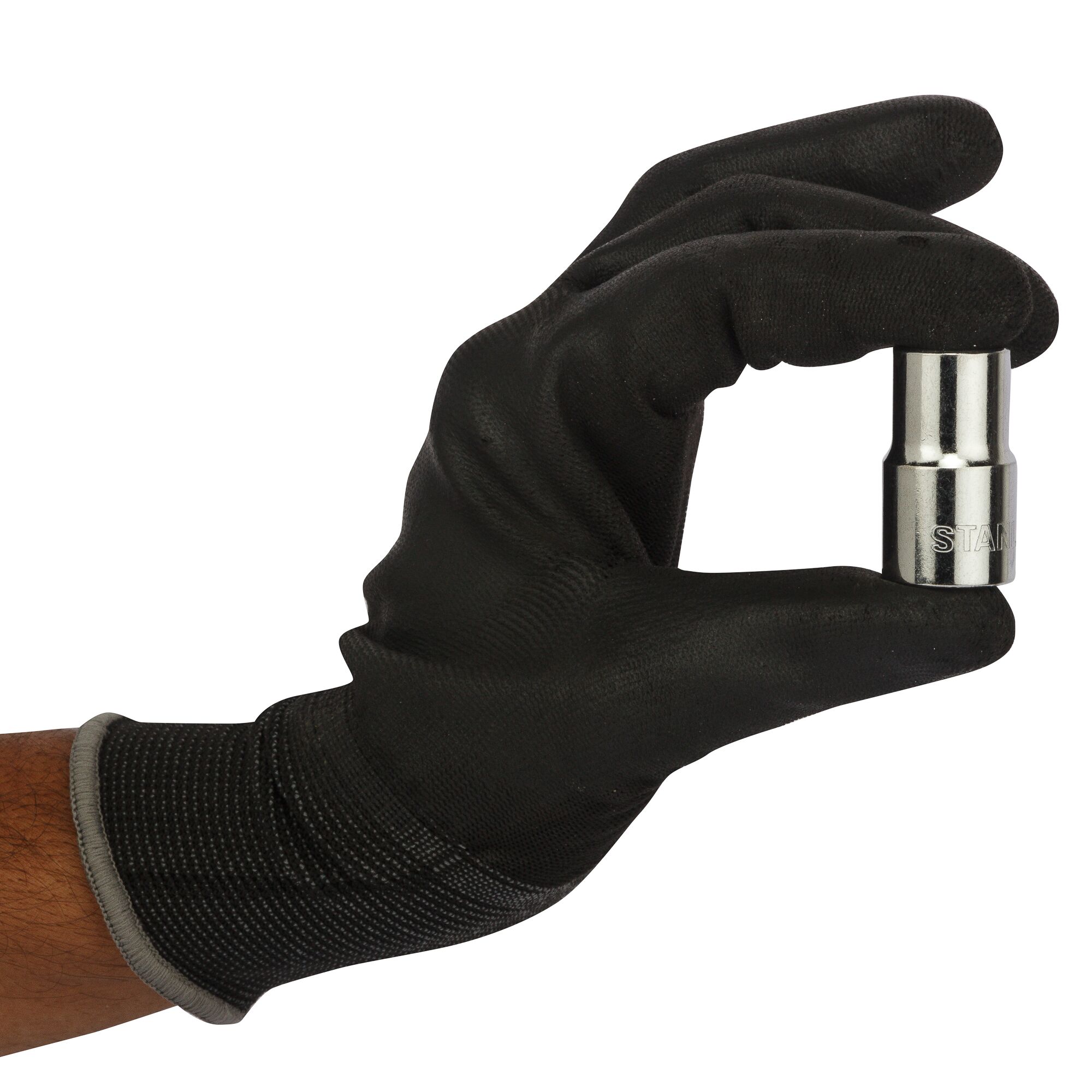 STANLEY 1-86-513 socket held by a hand in a black glove, side angle, chrome finish, photography category.