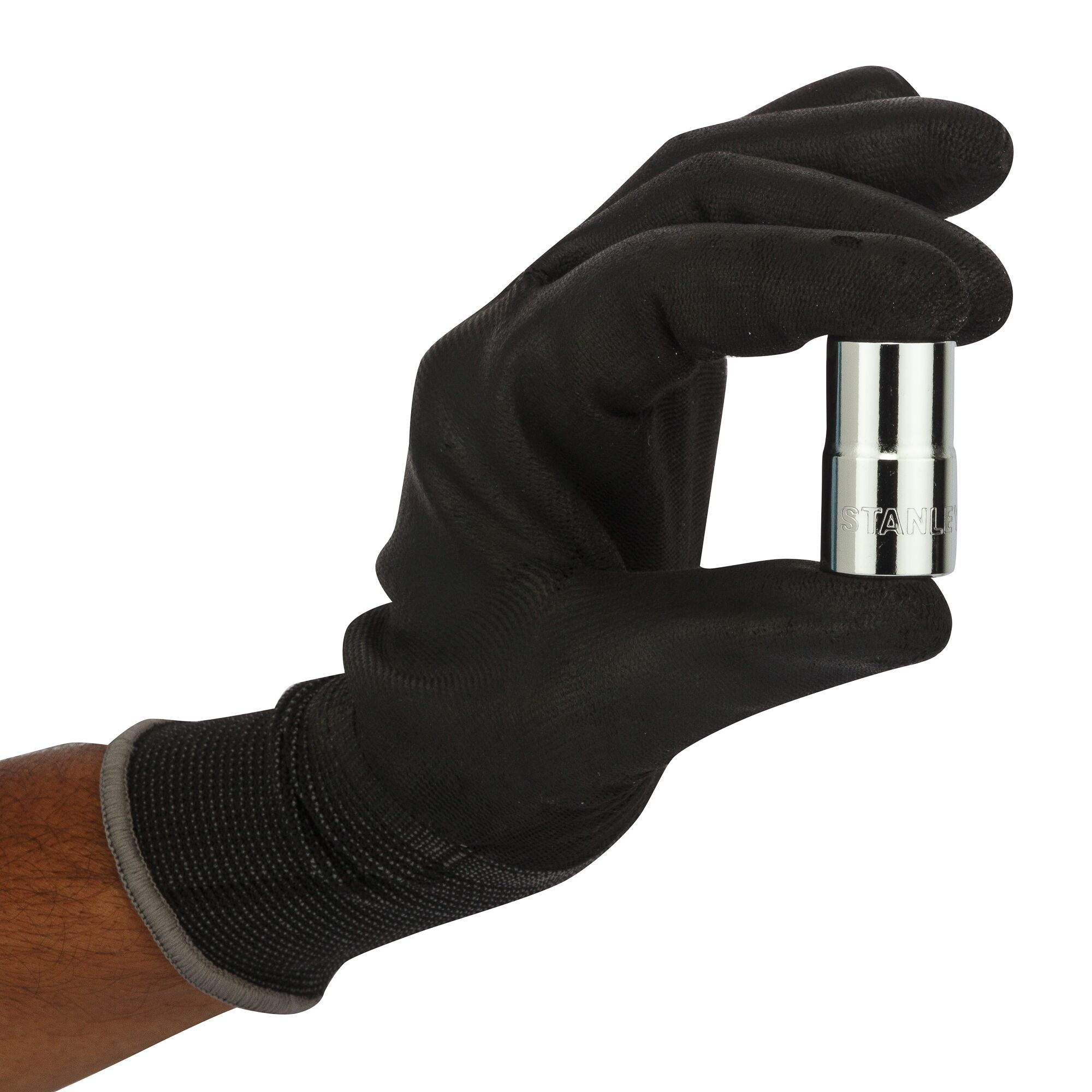 Photo of STANLEY 1-86-515 chrome socket held by a gloved hand, product side view.