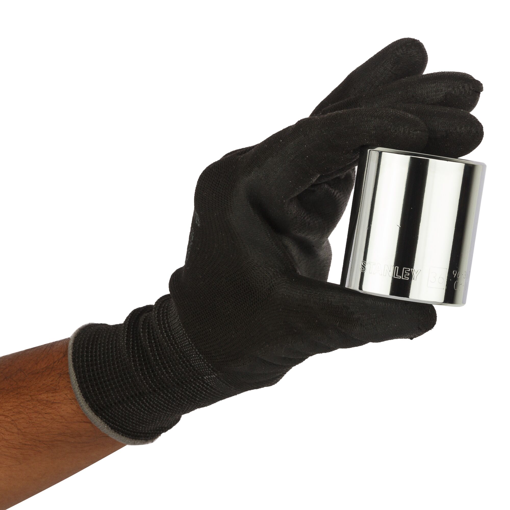 Stanley 1-86-536 socket held by gloved hand, chrome finish, photography on white background.