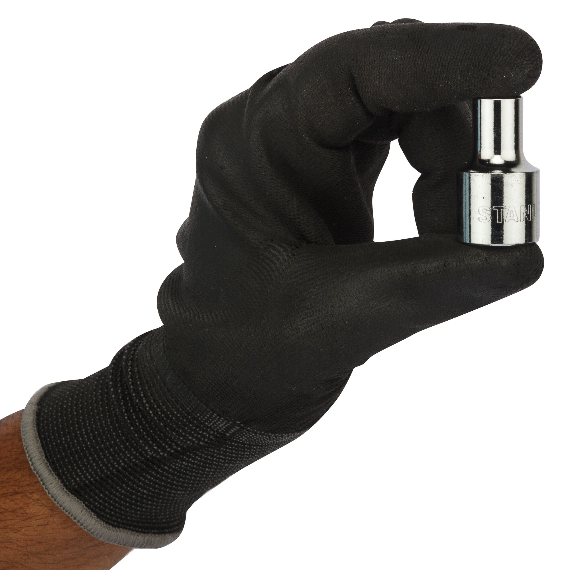 STANLEY 1-86-540 chrome socket held by gloved hand, studio side angle, photography product.